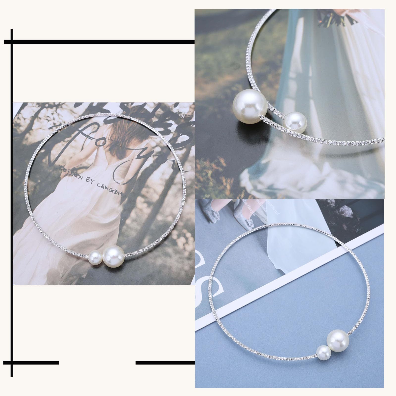 MOPUEA Kette mit Anhänger Strass Perlenkette Choker, Faux Perle offene geometrische Kragen (Hochzeit Halsketten Braut Kristall Kette Schmuck, 1-tlg), Silber Kri – Bild 5 von 5