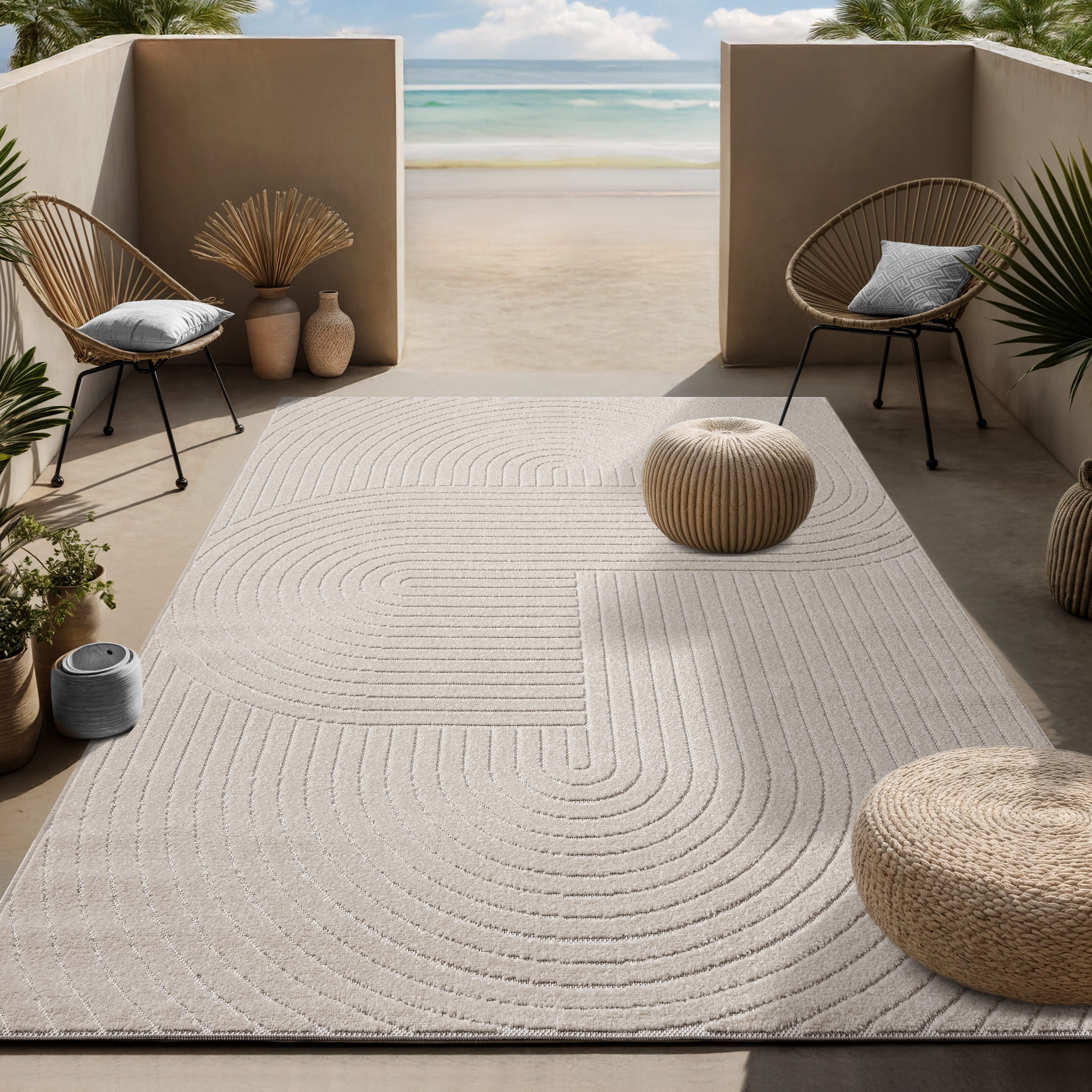 OTTO home Teppich Lorent, rechteckig, Höhe: 5 mm, Kurzflor, Uni Farben, Hoch-Tief-Effekt, Scandi-Look, Outdoor geeignet
