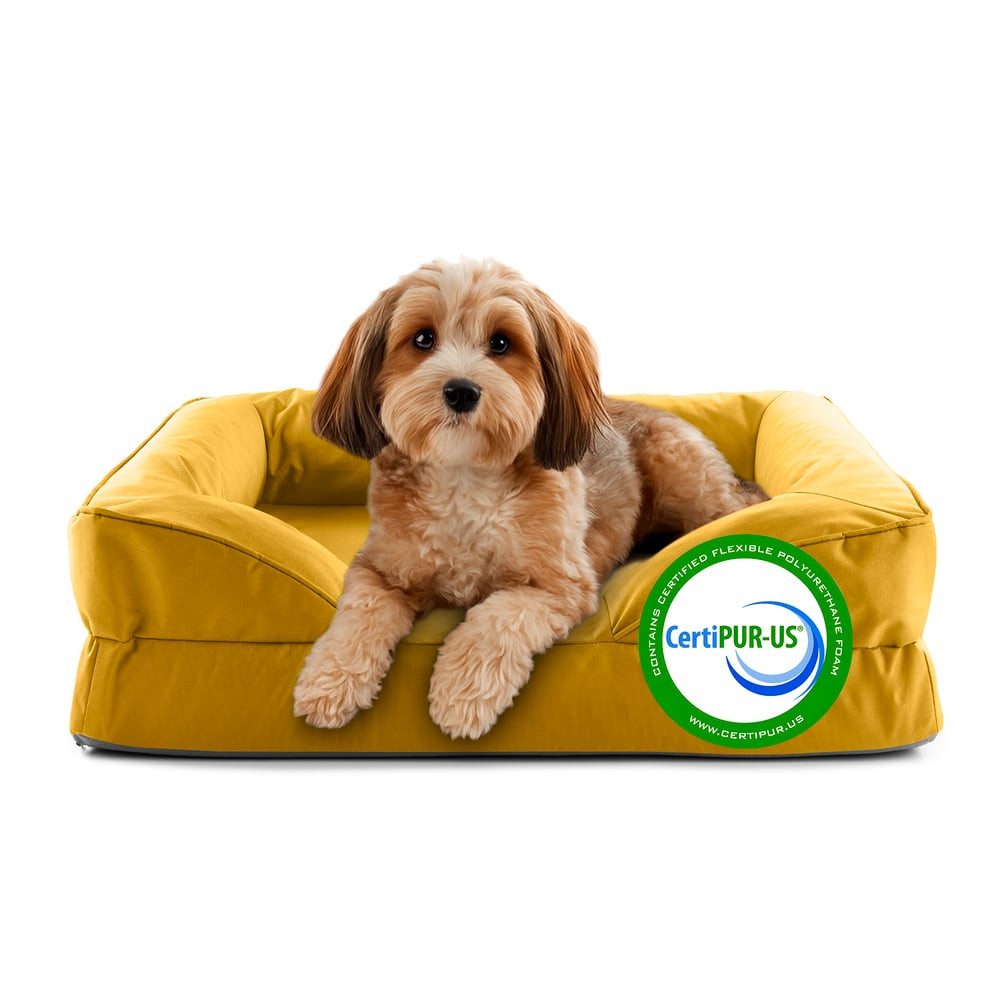 Lumaland Tierbett Hundebett In-& Outdoor S 70x60x18cm senfgelb vakuumiert, Hundesofa orthopädisch Hundekorb Tierbett wasserfest hoher Rand