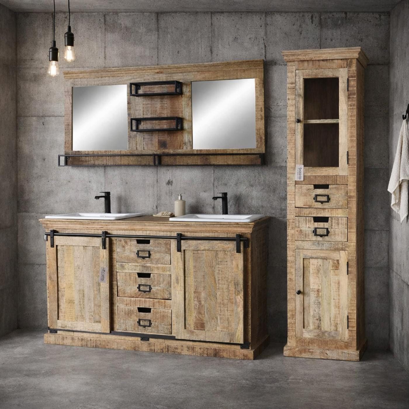 baario Doppelwaschtisch Doppelwaschtisch VODICE Holz, rustikal Landhaus Vintage Badmöbel
