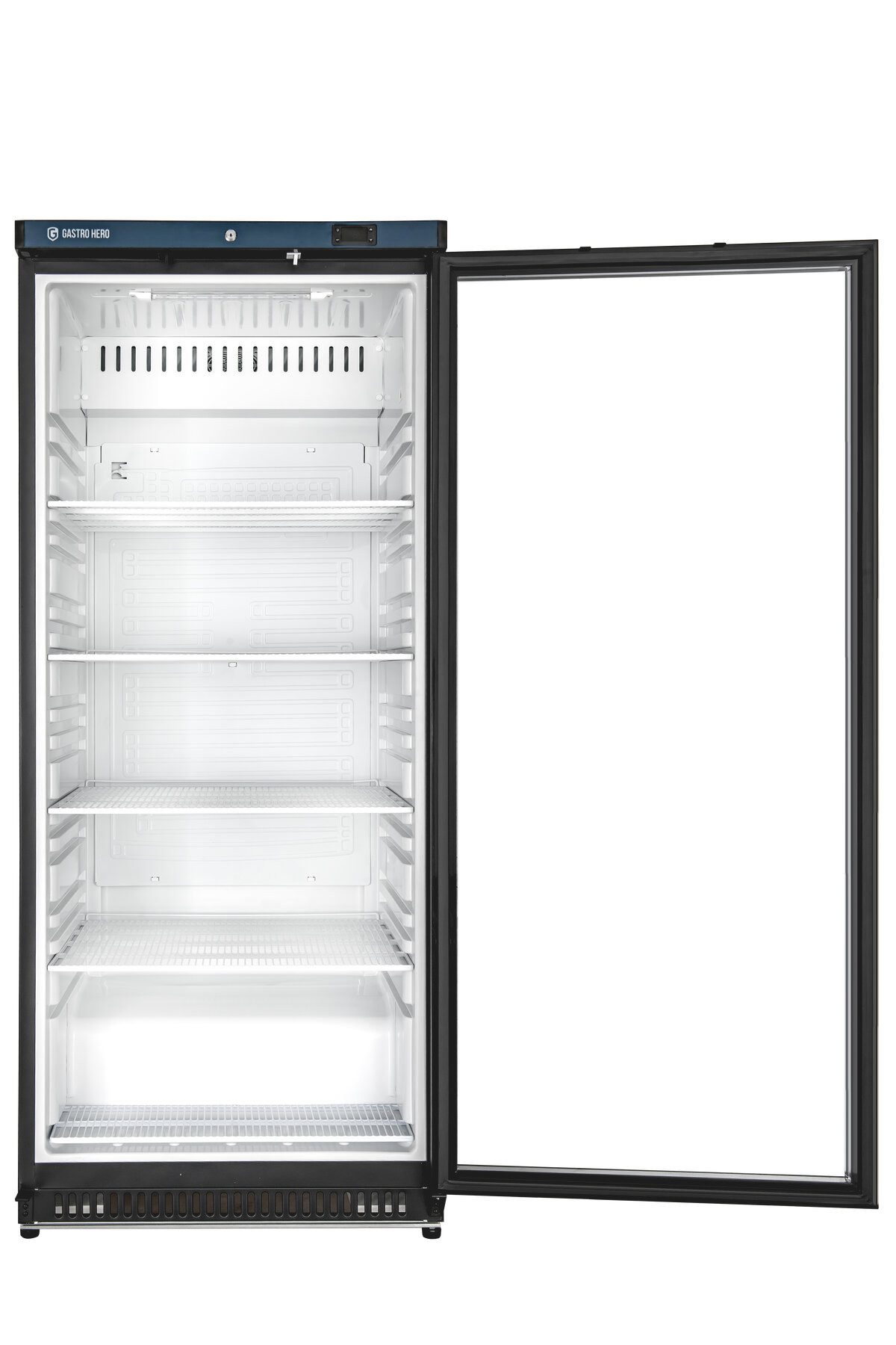 GastroHero Vollraumkühlschrank Lagerkühlschrank ECO 600 Glastür Schwarz 562 Liter LED LKSE600BG, 190 cm hoch, 77.5 cm breit, ideal zur Präsentation von Getränken und gekühlten Waren