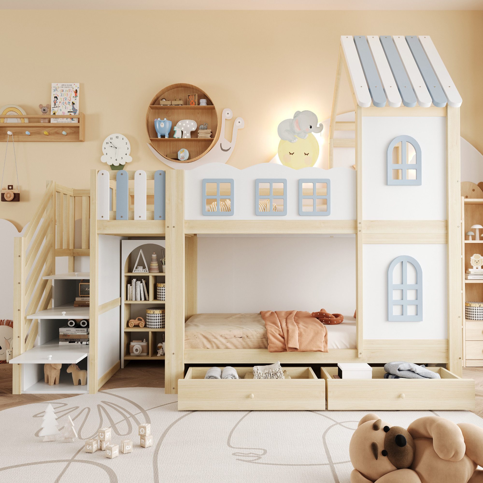 Flieks Etagenbett, Kinderbett 90x200cm Hausform mit Stauraumtreppe Schubladen Regalen