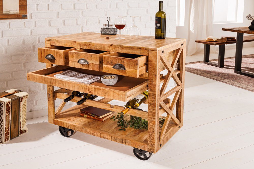 riess-ambiente Servierwagen BODEGA 86cm natur / schwarz, (Einzelartikel, 1 St), Küche · Massivholz · mit Weinregal · Barschrank