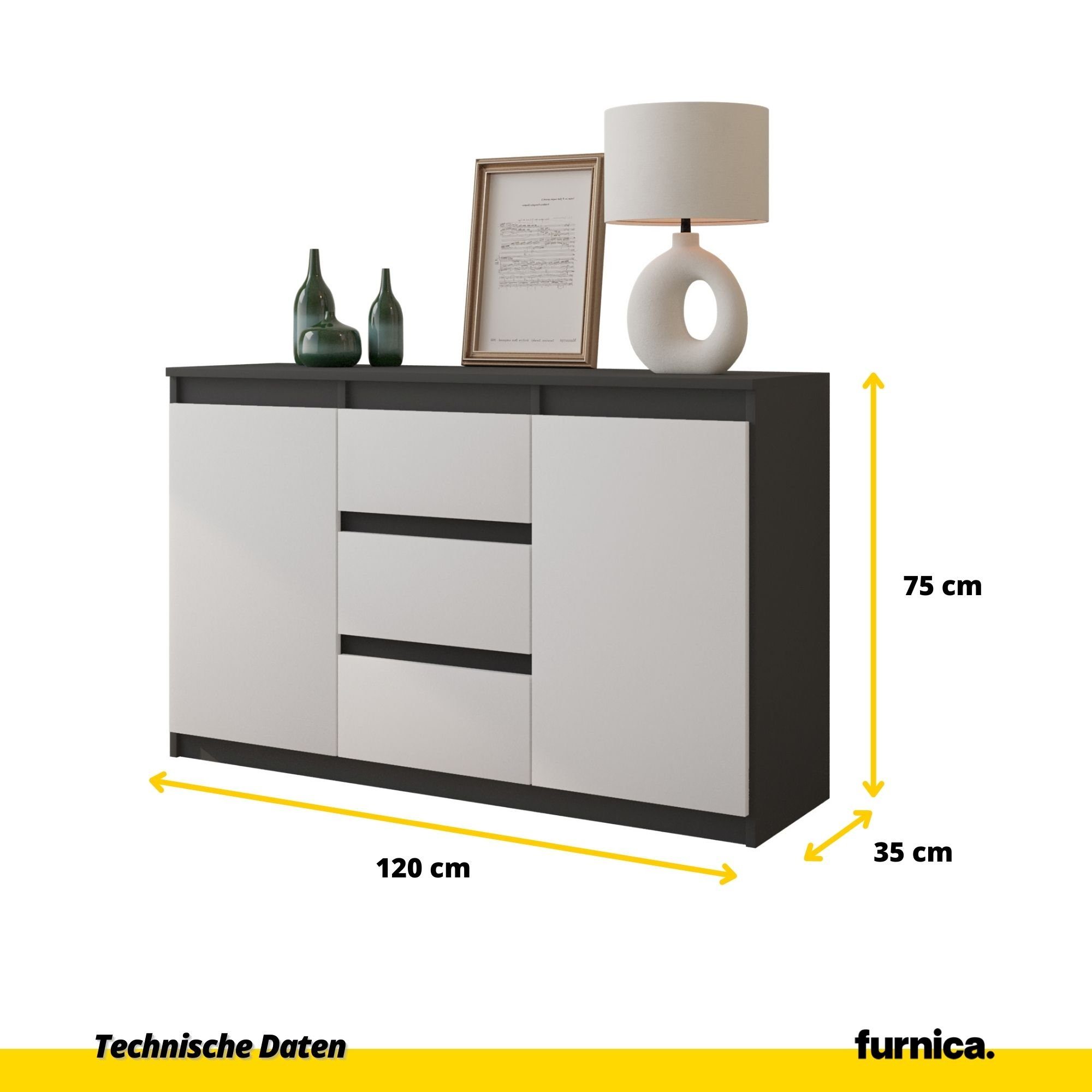 Furnica Kommode MIKEL, 3 Schubladen und 2 Türen - Anthrazit Grau H75cm B120cm T35cm (1 St)