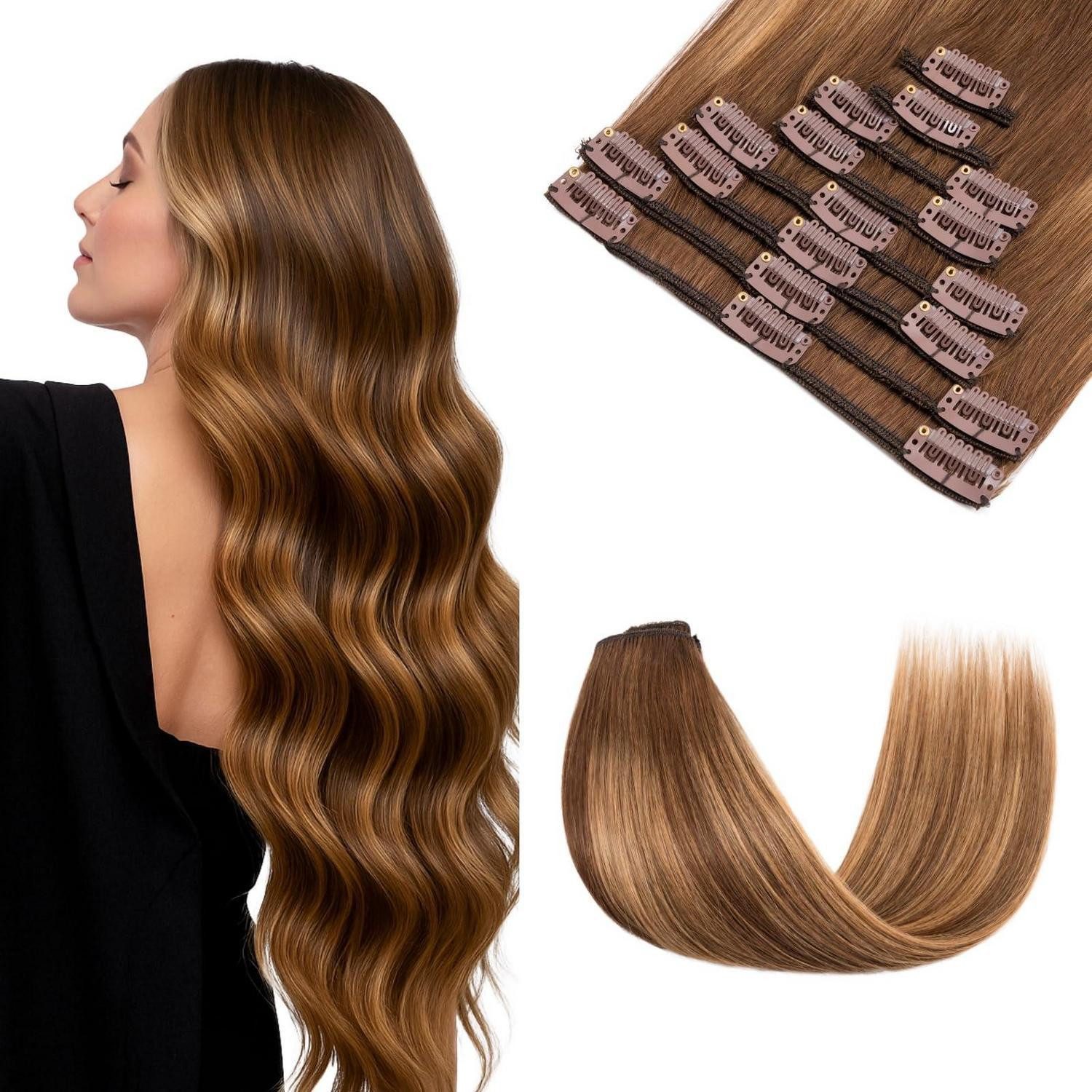 LuxusKollektion Echthaar-Extension Clipin Extensions 4T4P27 Schokoladenbraun Mit Hellbraun 40cm-65g