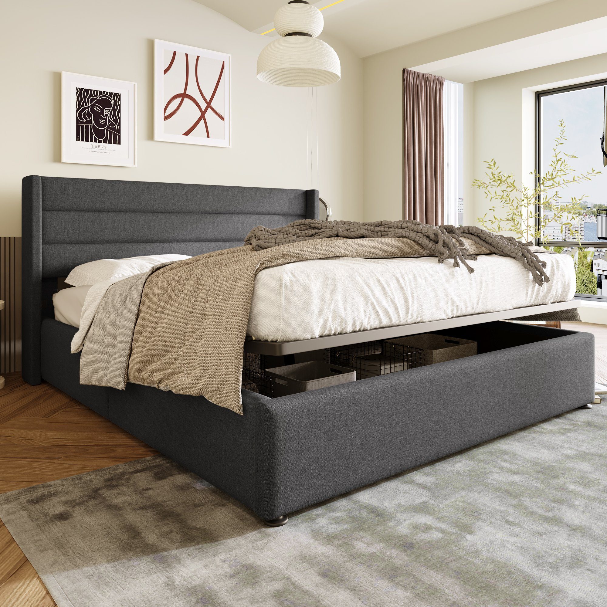 Odikalo Stauraumbett Polster Doppelbett 140/160/180 Lattenrost mit/ohne Matratze Beige/Grau