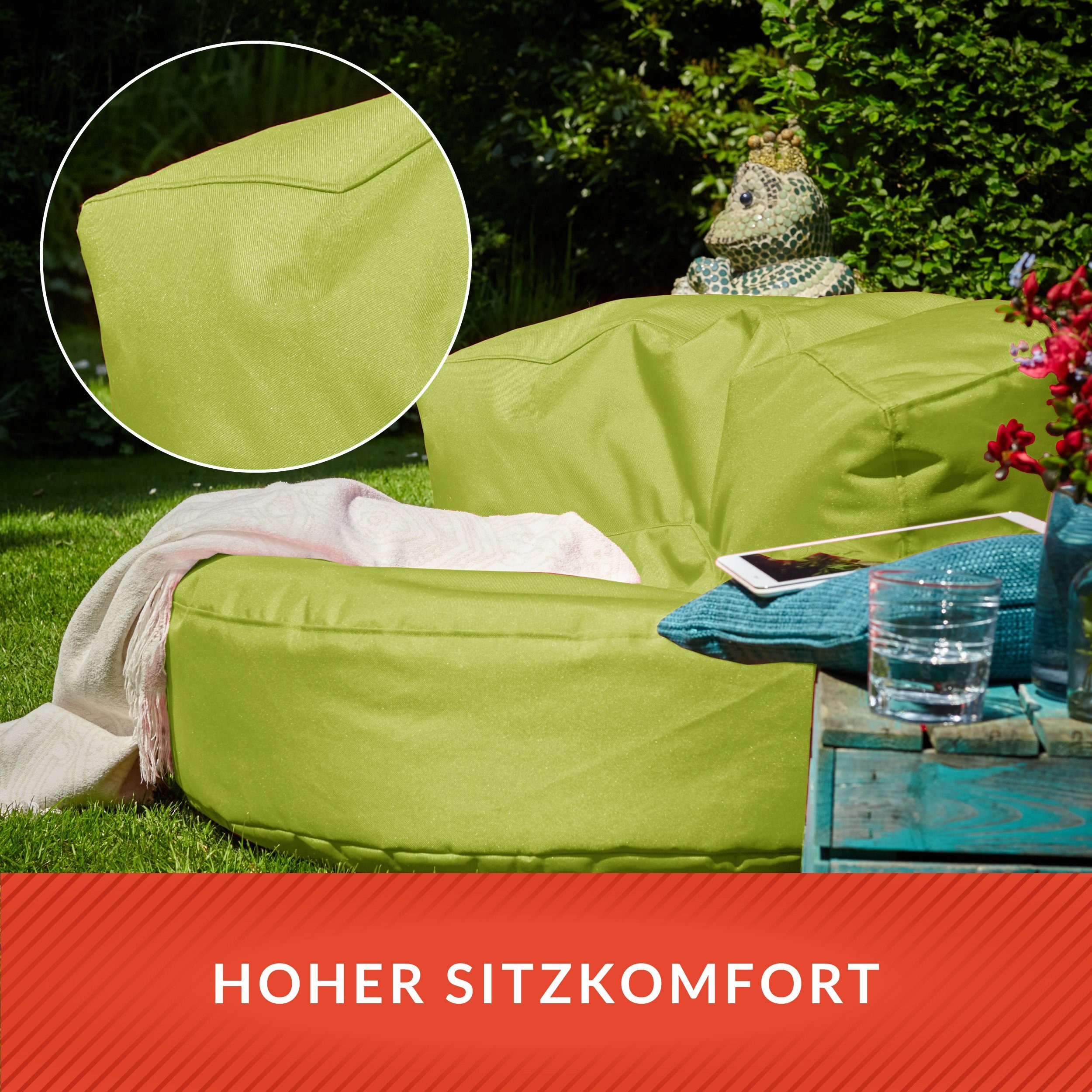 mit Sofa & Indoor Couch Rückenlehne, wasserabweisender Füllung Bean Perlen mit Sitzsack & (mit Green abwaschbarer Gartenliege Outdoor Grün EPS Sitzmöglichkeit Rückenlehne Bezug),