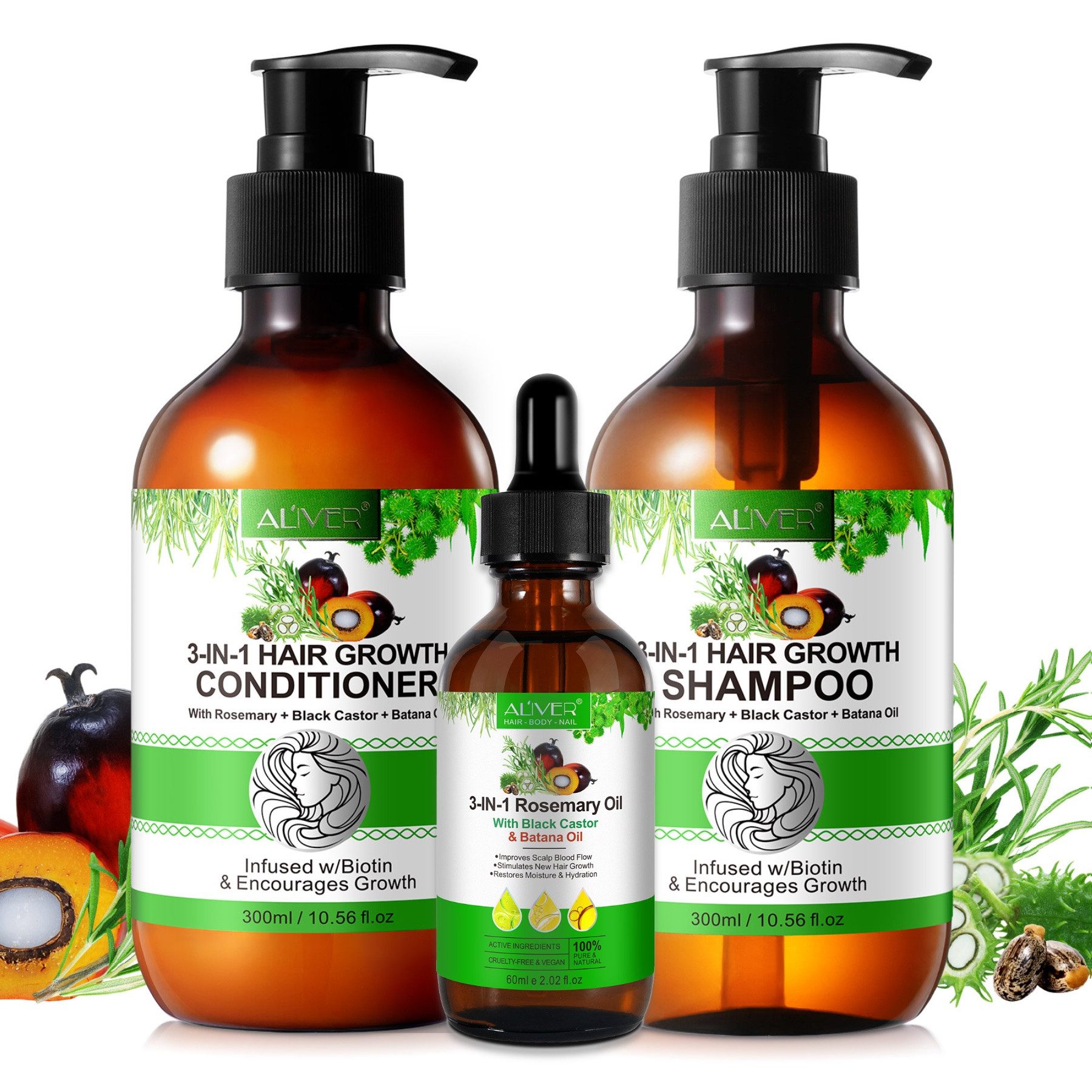 ALIVER Haarpflege-Set Shampoo Conditioner Haaröl mit Biotin Rosmarin Rizinus Batana, Alkoholfrei, Ammoniakfrei, Enthält Mineralien, Enthält Vitamine