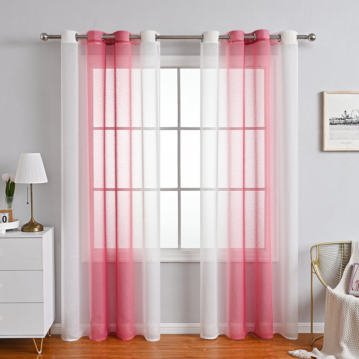 Vorhang, HOMEIDEAS, Ösen (2 St), transparent, Farbverlauf Durchsichtig, Fenstervorhang Rosa
