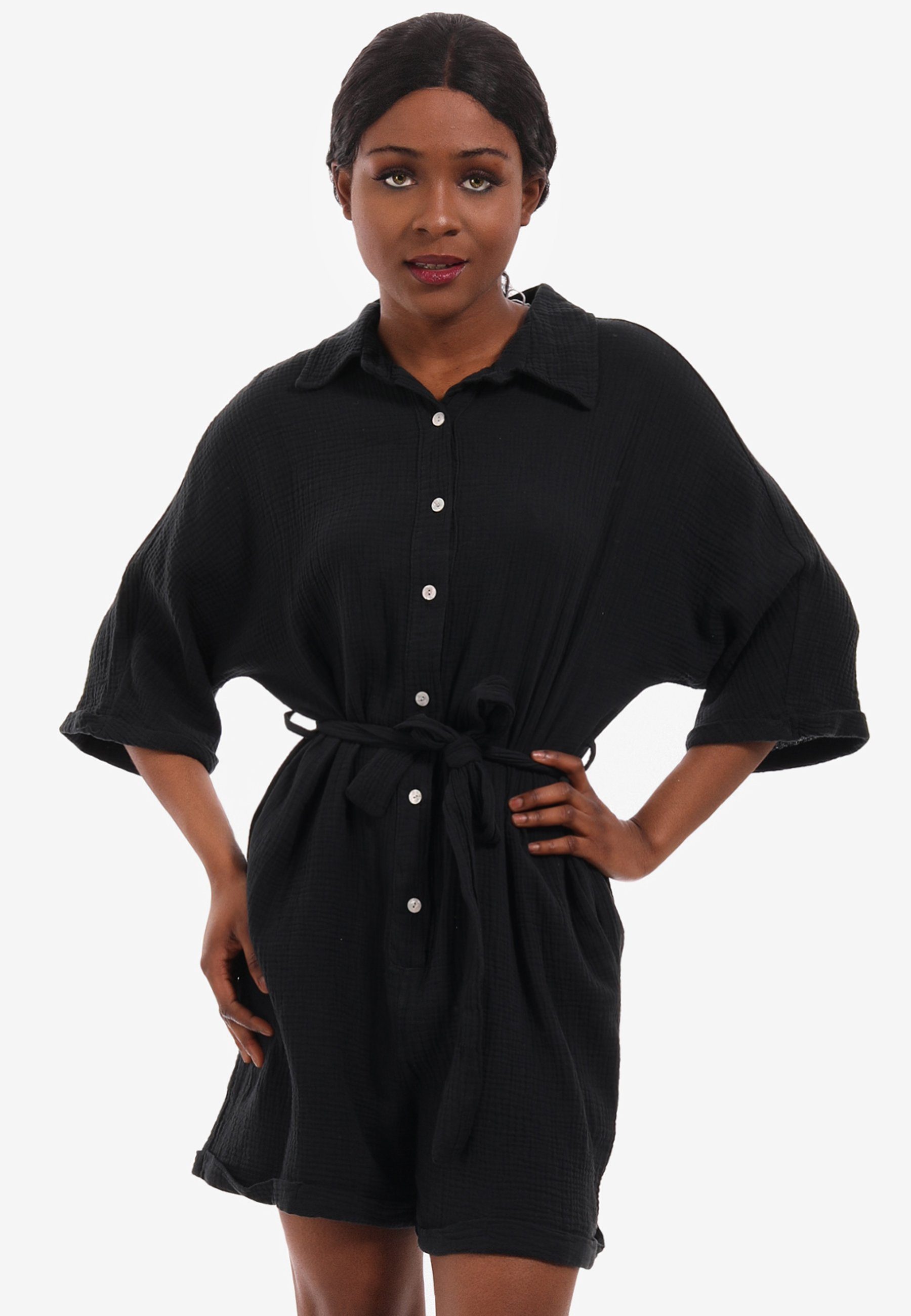 Sommerlicher in Style Jumpsuit Unifarbe Musselin-Stoff Jumpsuit YC & schwarz mit Fashion aus Bindegürtel