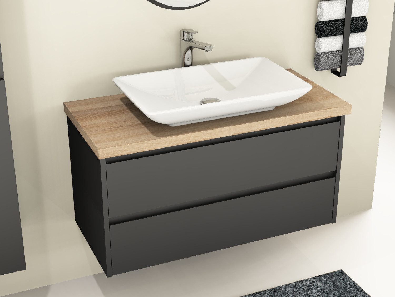 Aqua Bagno Badmöbel-Set Duo Badmöbel 100 cm Anthrazit Matt Lackiert mit Trägerplatte & Keramik, (Badschrank vormontiert, 3-St., Badmöbelschrank mit Trägerplatte, Waschbecken), einfache montage