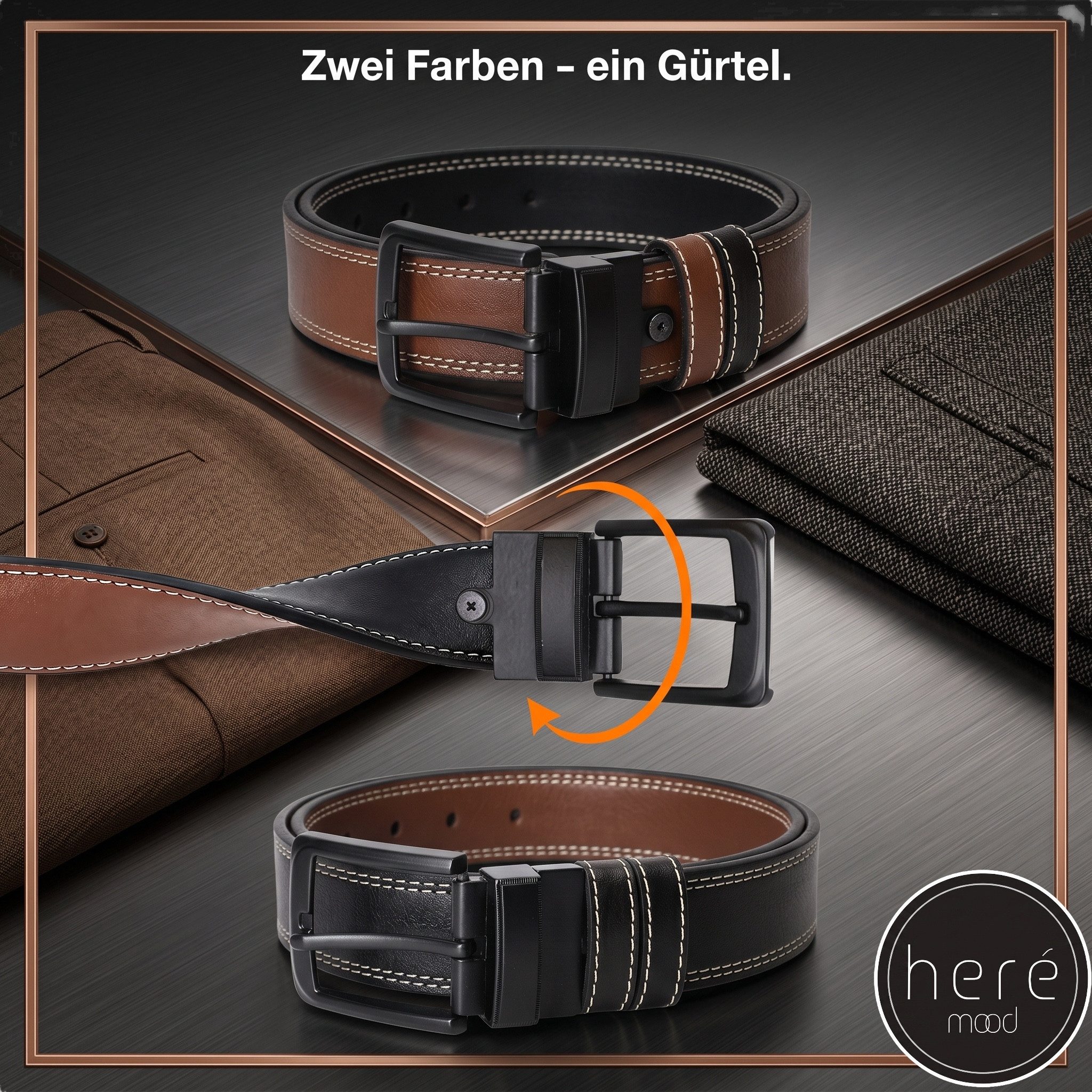 herémood Ledergürtel Herren Leder Gürtel 4cm, Ledergürtel, Herrengürtel, Vatertagsgeschenk (Gürtel Herren Cognac & Schwarz 120 cm - Premium Ledergürtel - handgefertigt - hochwertig verarbeitet - kürzbar, 1-St., Vatertagsgeschenk für Papa Mann) Männer Geschenk für Vatertag, Männergeschenke für Jeans Herren Hosen