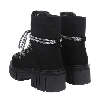 Ital-Design Damen Worker Boots Freizeit Schnürstiefelette Blockabsatz Plateaustiefeletten in Schwarz