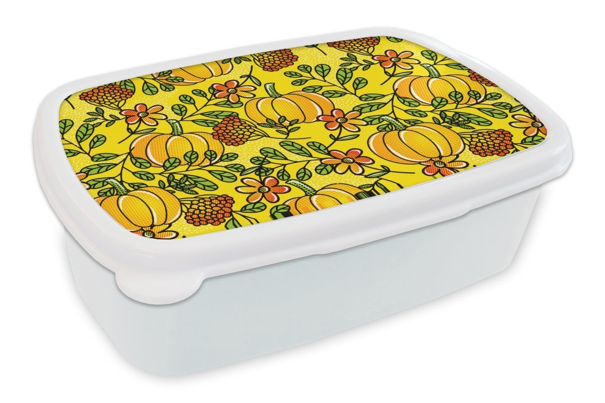 Jetzt günstiger Versandhandel möglich! MuchoWow Lunchbox Kürbisse Brotbox Mädchen Muster und Brotdose, für Jungs und Kinder Kunststoff, - - für weiß Erwachsene, Blumen, (2-tlg)