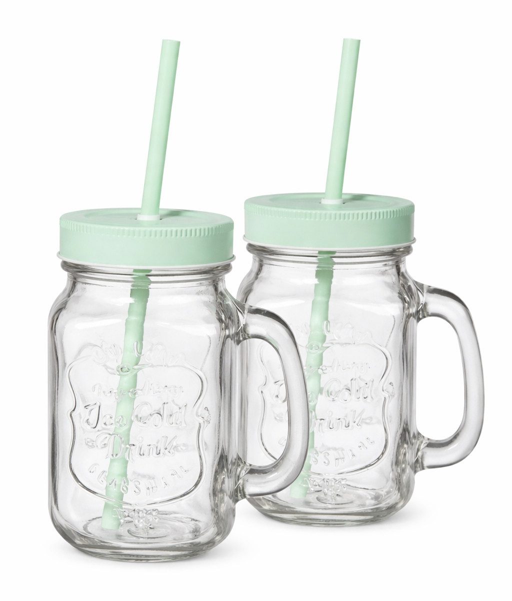 HI Gläser-Set Glas Trinkglas 2er Set mit Strohhalm und Deckel Smoothies Säfte, Material: Glas, Metall, Kunststoff