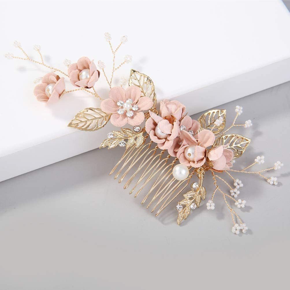 Perlen-Blumen-Braut-Haarschmuck 4 Diadem Stück WaKuKa Hochzeits-Haarkämme, Rosa