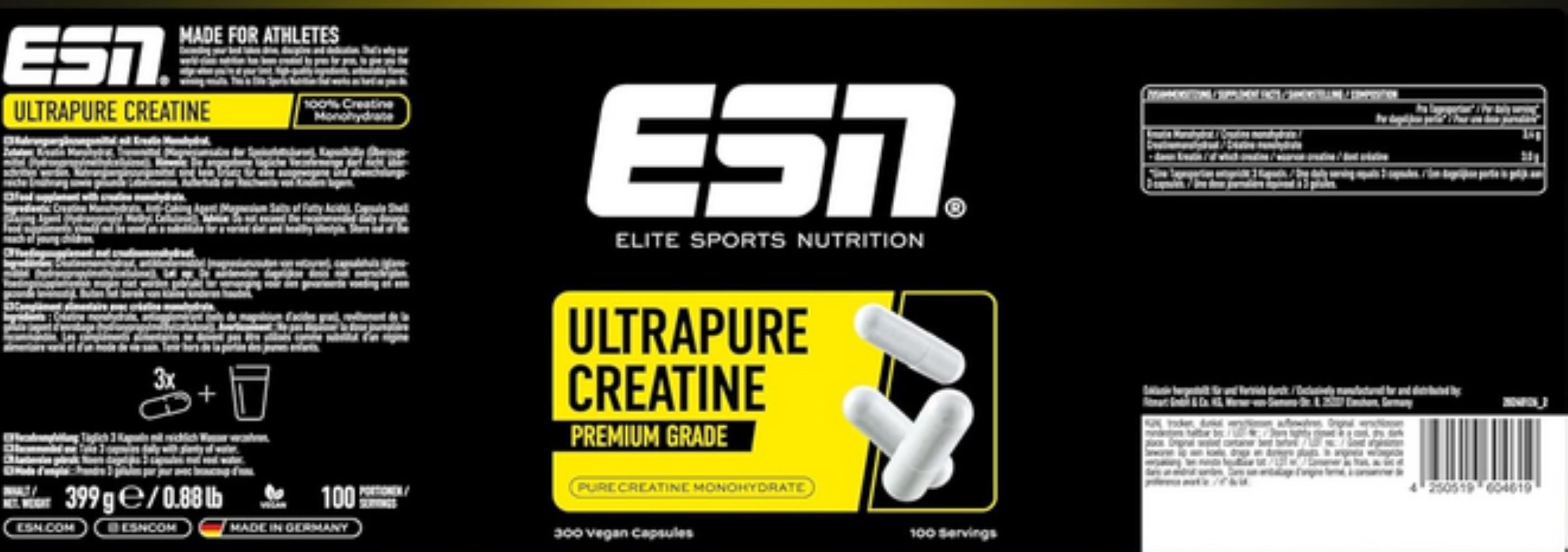 ESN ESN Ultrapure Creatine Giga Caps, 300 Kapseln Kapseln, 399 g, Micronisiert (Meshfaktor > 200)