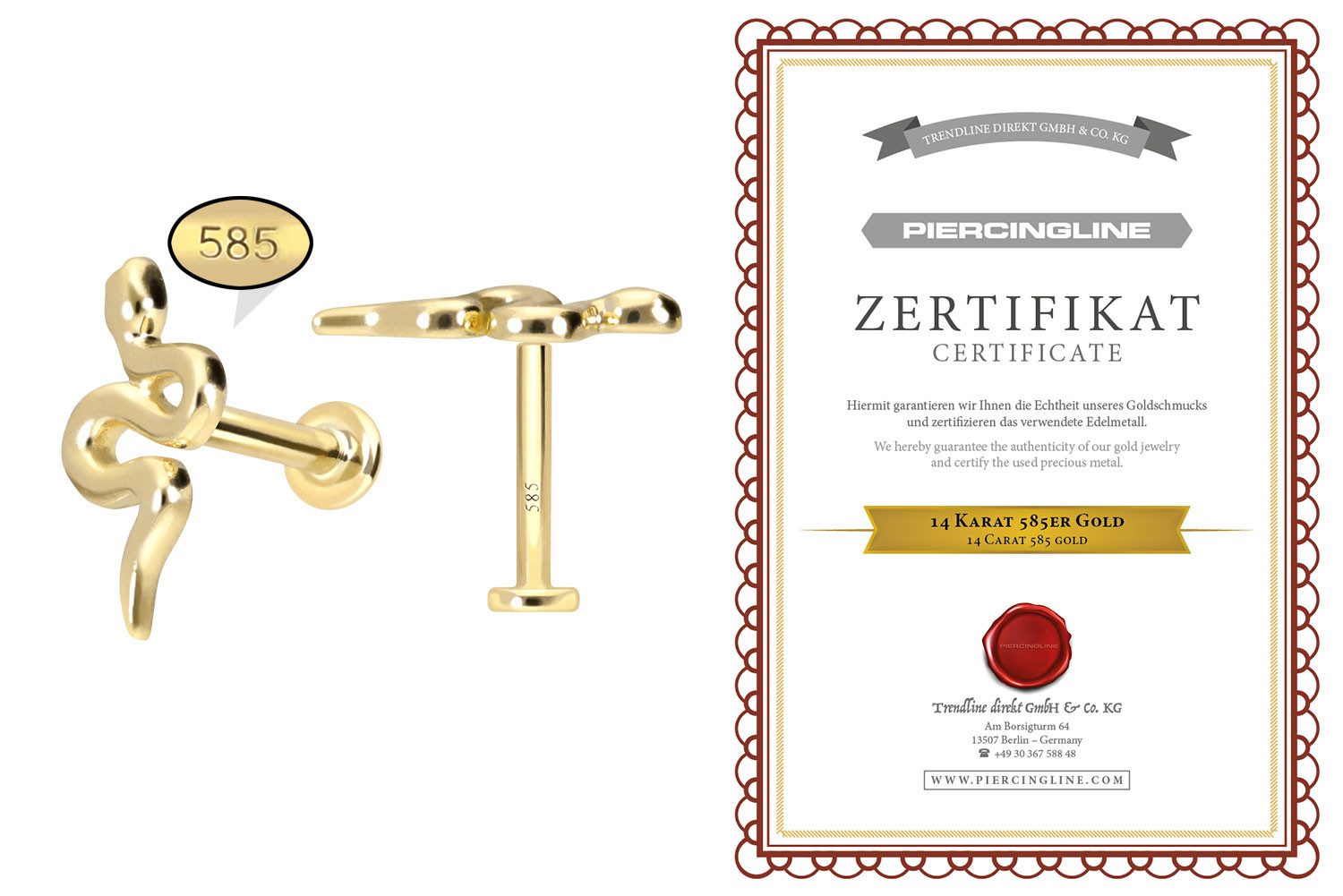 PIERCINGLINE Piercing-Set 14 Karat Gold Labret mit Innengewinde SCHLANGE (Labrets, 1-tlg)