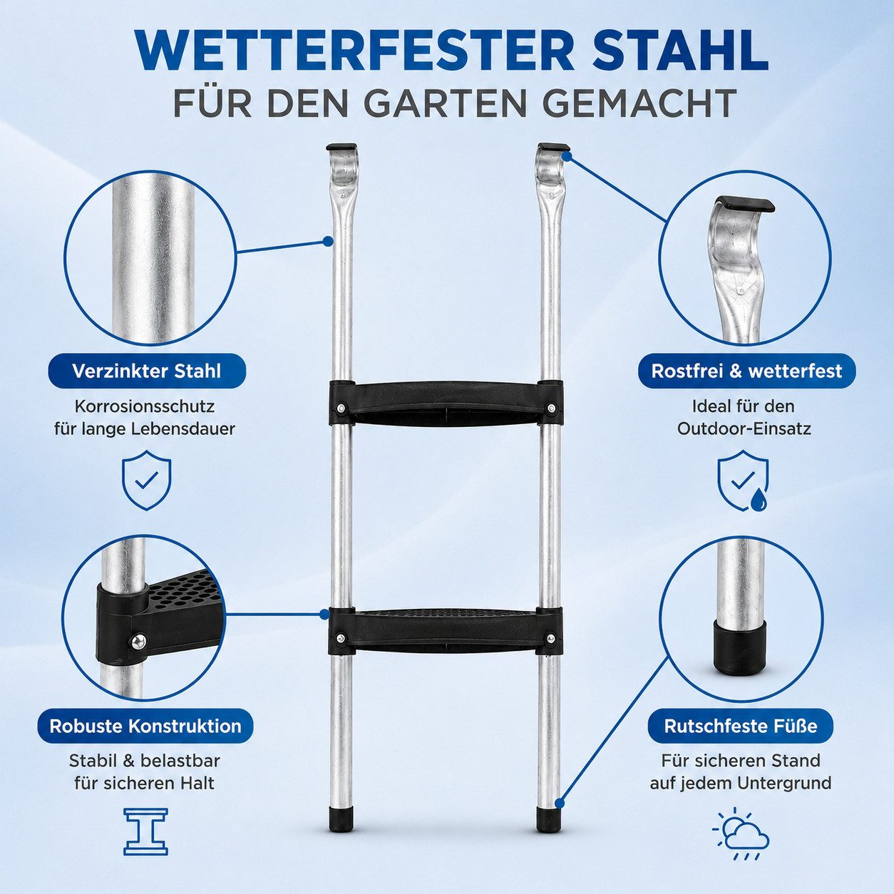 4myBaby Trampolinleiter Leiter 2 Stufen-Sicherer, rutschfester & wetterfester Stahl, Treppe mit 2 Breiten Stufen praktische Einstiegsleiter