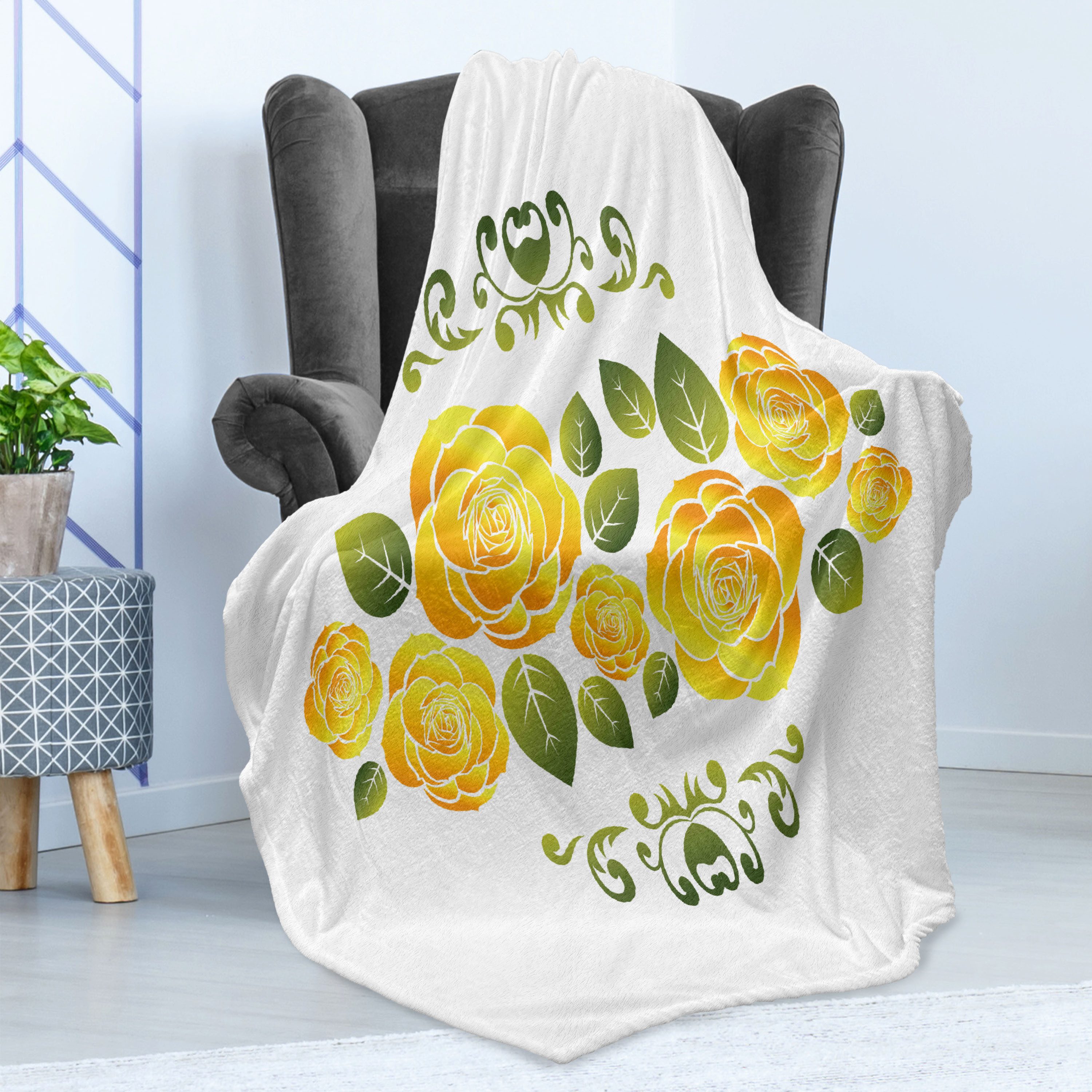 Wohndecke Gemütlicher Plüsch für den Innen- und Außenbereich, Abakuhaus, Gelb Rosen mit Strudelrahmen