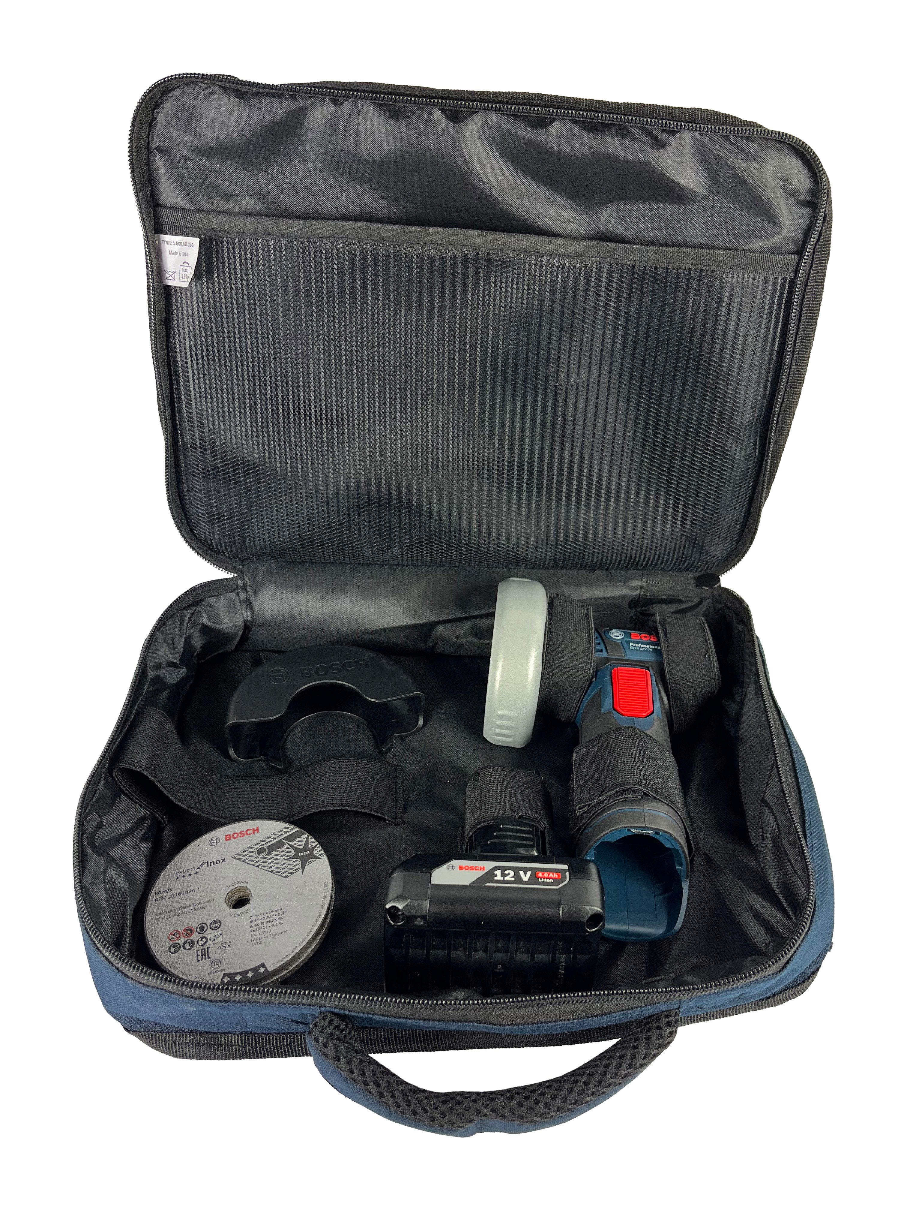 Bosch Professional Akku-Winkelschleifer GWS 12V-76, mit Akku 4 Ah und Ladegerät in Tasche inkl. 5tlg. Trennscheiben-Set