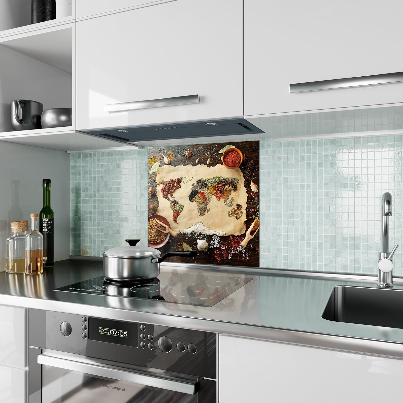 Primedeco Küchenrückwand Spritzschutz Gewürzen aus Glas Weltkarte