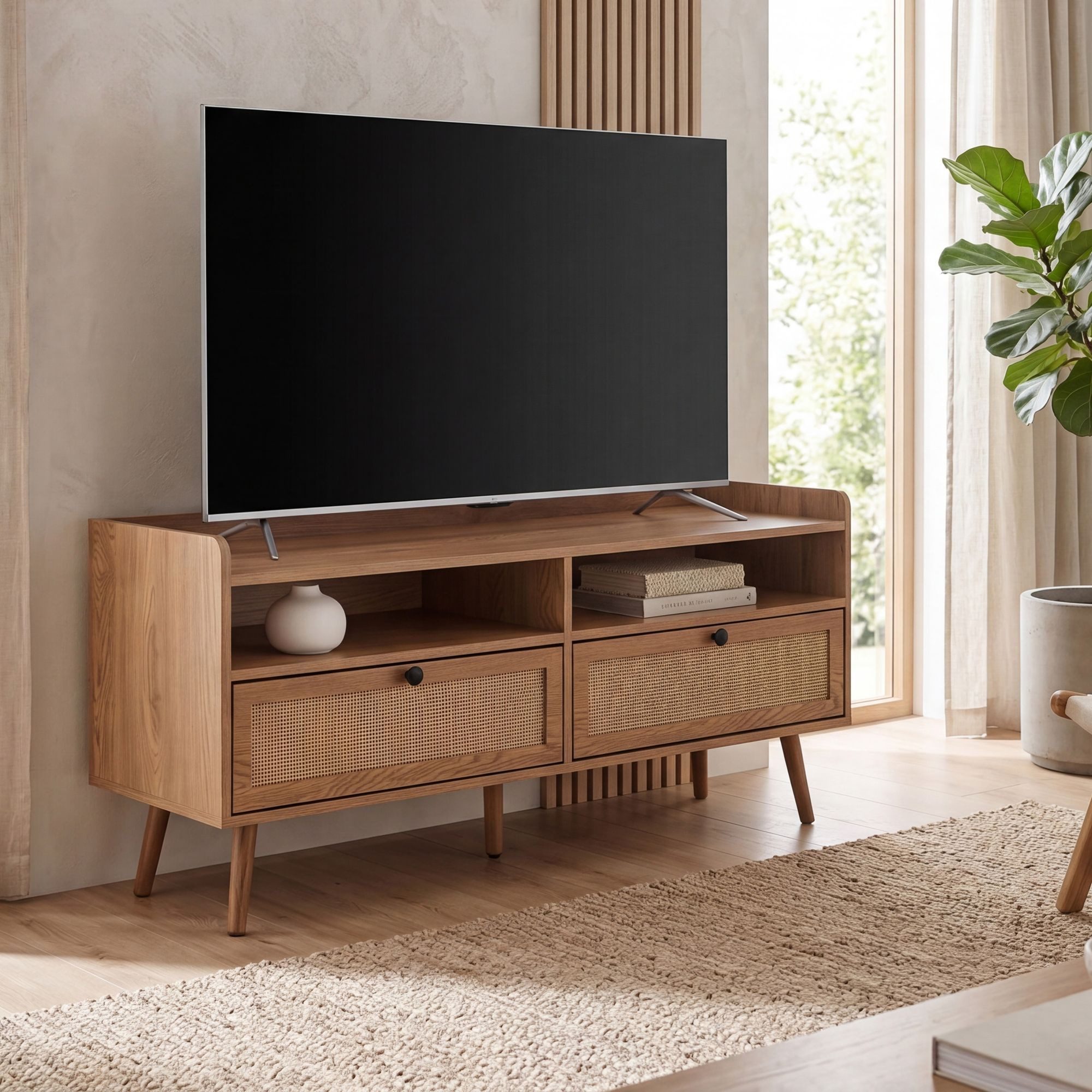 FINEBUY Lowboard FB106345 TV-Board 120cm Kommode Ablage & 2 Schubladen Wiener Geflecht (Eiche Dekor 120 cm, Schublade Stauraum Geflecht), TV-Kommode Hoch, TV-Schrank Modern Fernsehtisch