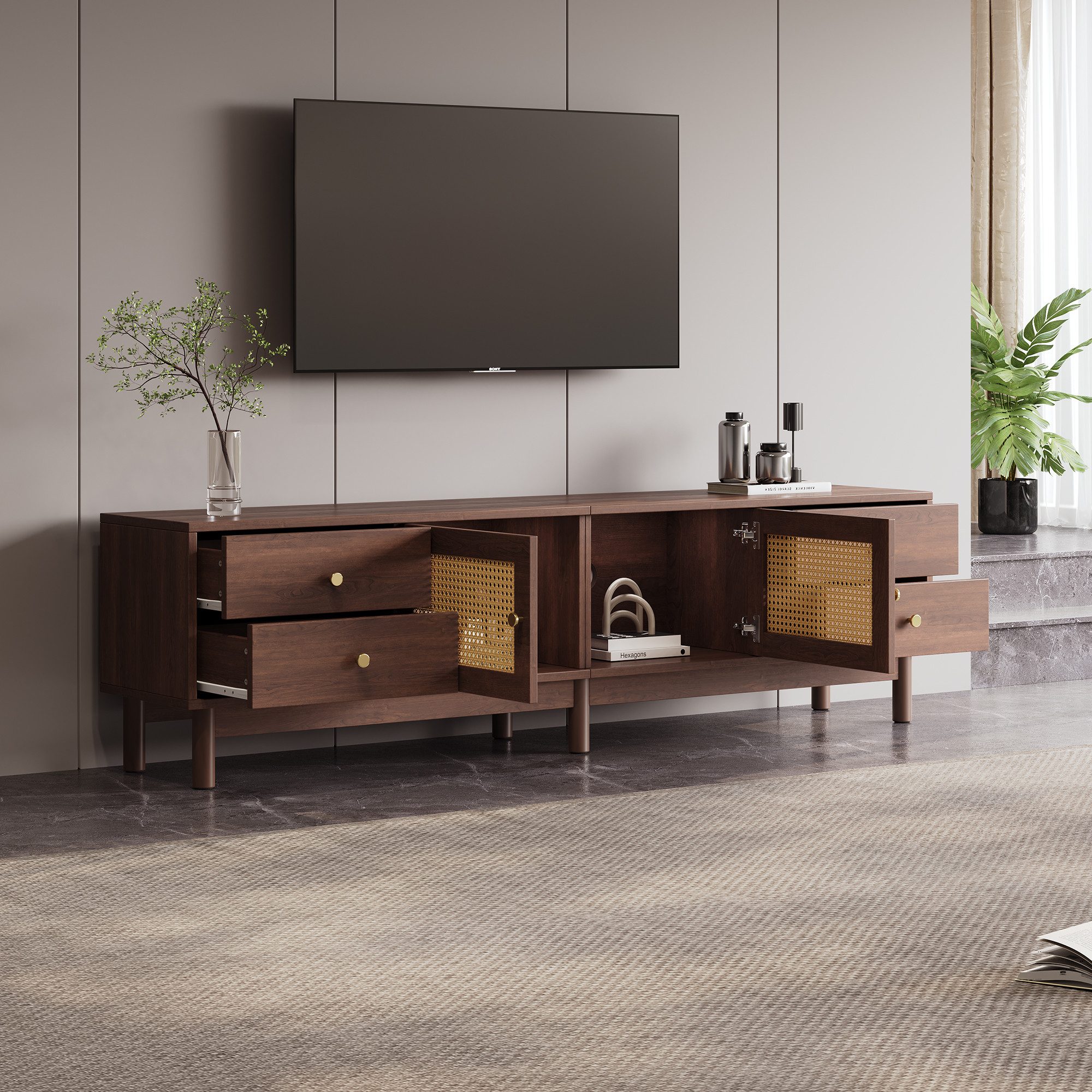 Merax Lowboard Lowboard mit Rattantüren und 4 Schubladen, TV-Schrank Fernse günstig online kaufen