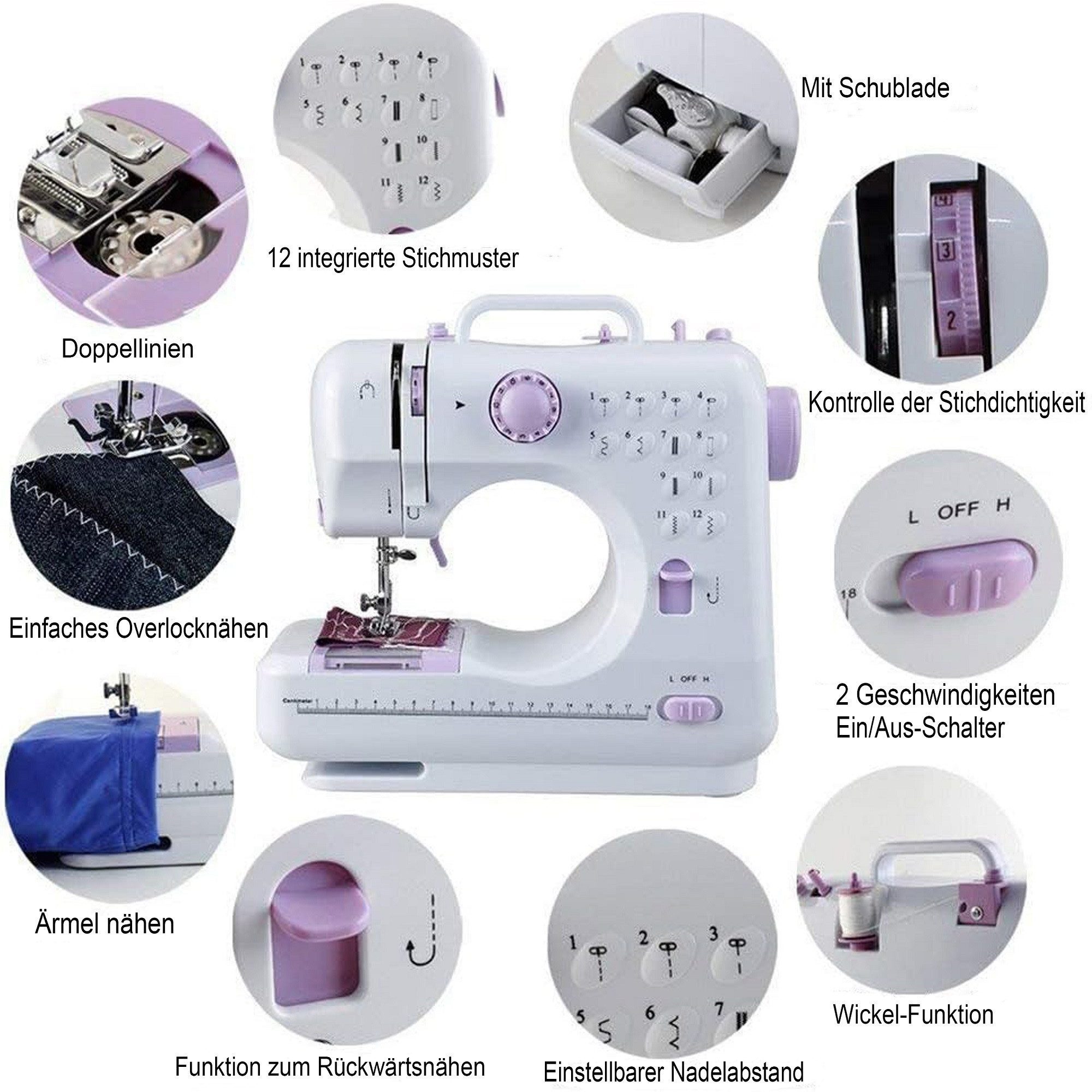 Toomoke Nähmaschine Nähmaschine für Anfänger, 12 Stichprogrammen, Elektrische Nähmaschinen, 12 Programme, Doppellinien,Freiarm-Nähmaschine mit LED-Nählicht,Fußpedal,Nähset