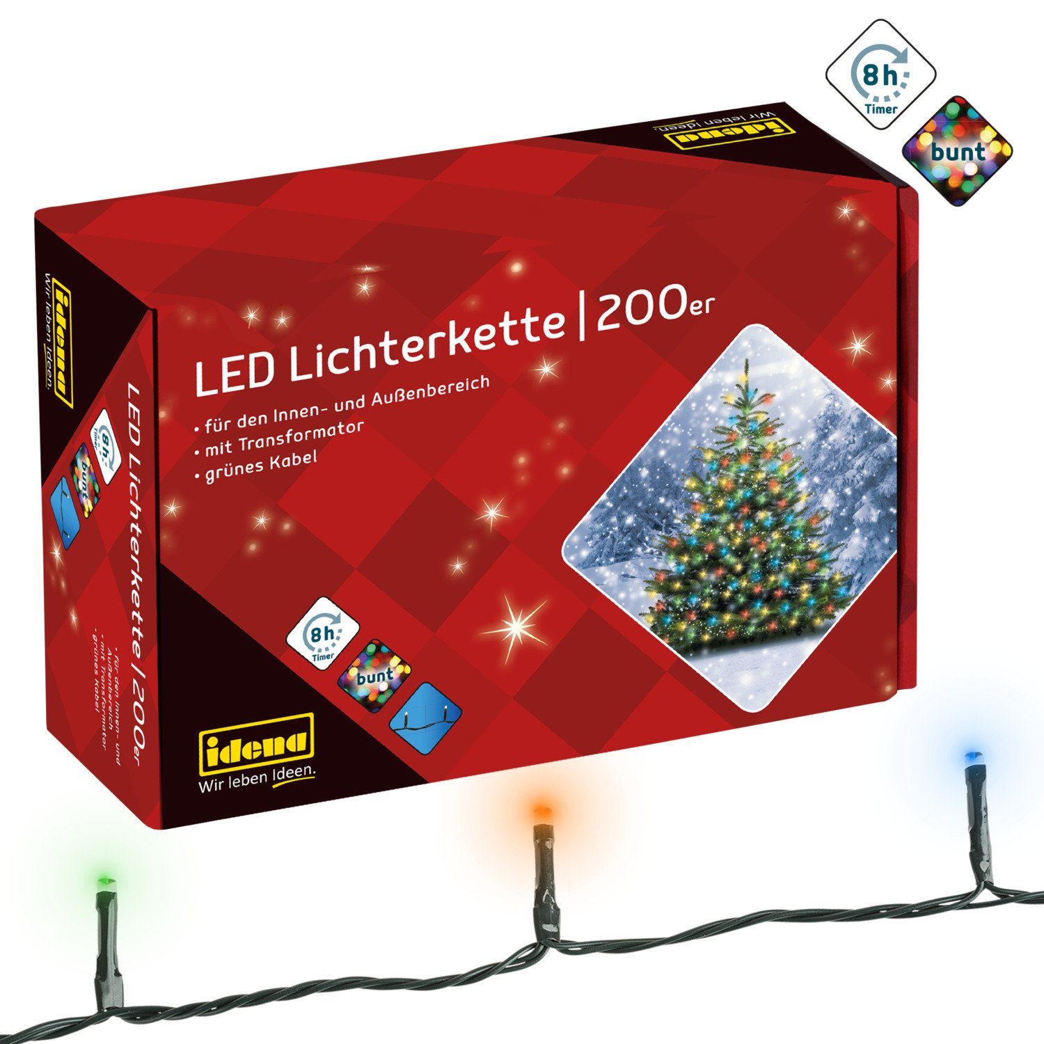 Idena LEDLichterkette 200er, bunt, 27,9 m, für Innen und Außen, mit Timer
