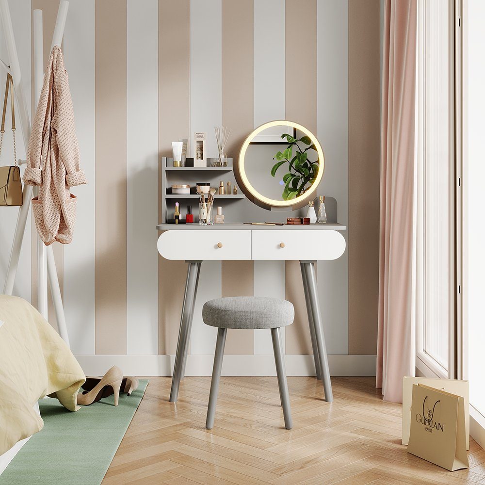 Vicco Schminktisch Edda, Grau, 80 cm mit LED Beleuchtung und Hocker günstig online kaufen