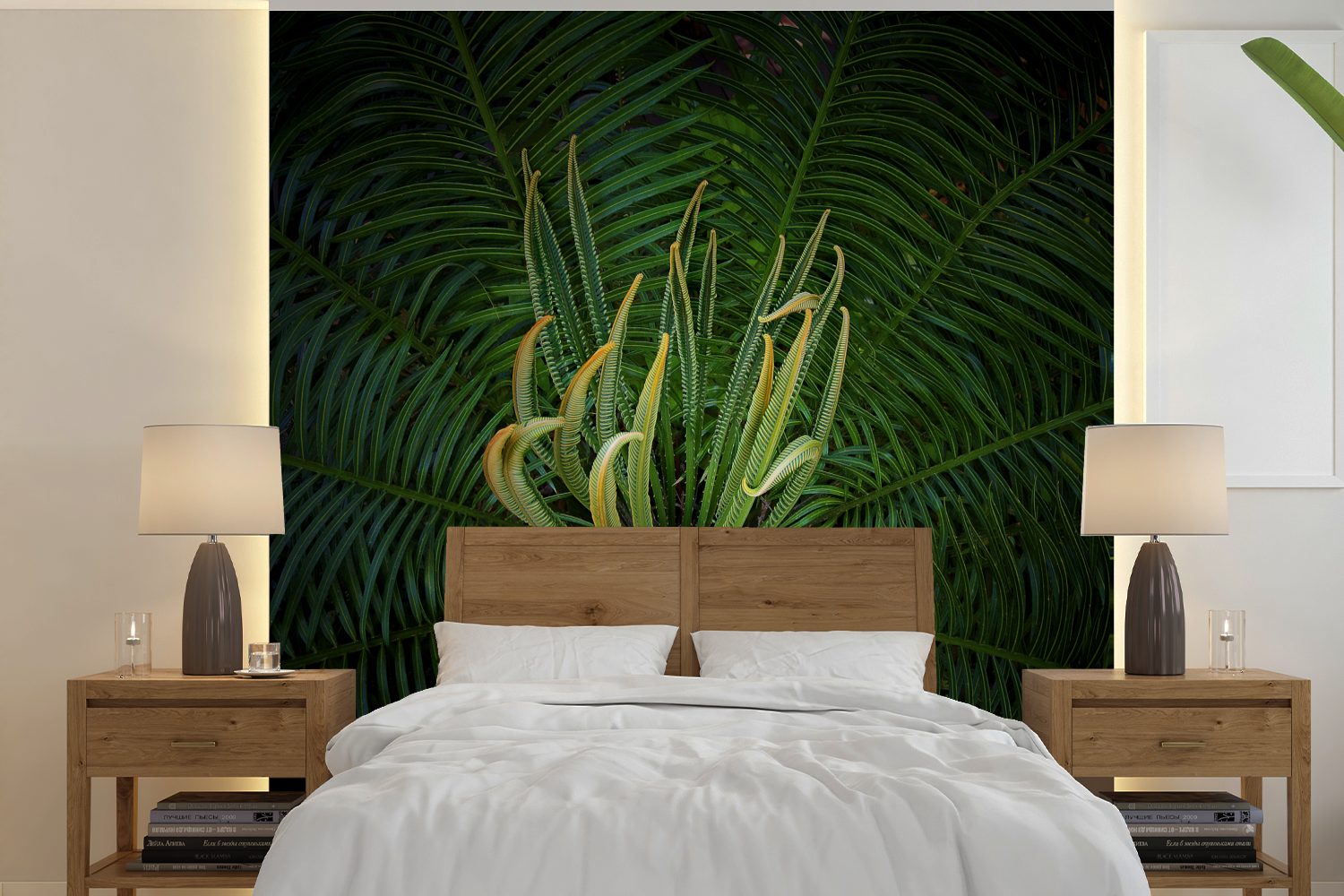 Matt, Hintergrund, blühende Fototapete schwarzem Schlafzimmer, Tapete (5 Wandtapete MuchoWow Wohnzimmer bedruckt, Cycad-Pflanze St), auf oder für Eine Vinyl