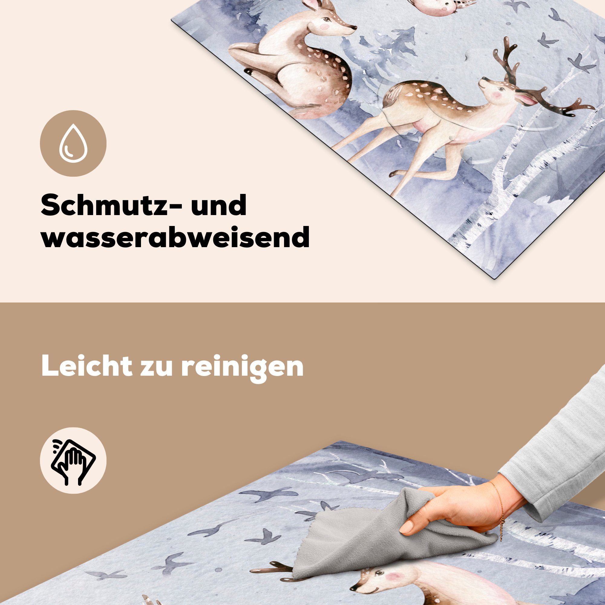 Induktionskochfeld Winter - Schutz Vögel Vinyl, für (1 tlg), die Hirsche küche, MuchoWow 81x52 Schnee, Herdblende-/Abdeckplatte cm, - - Ceranfeldabdeckung