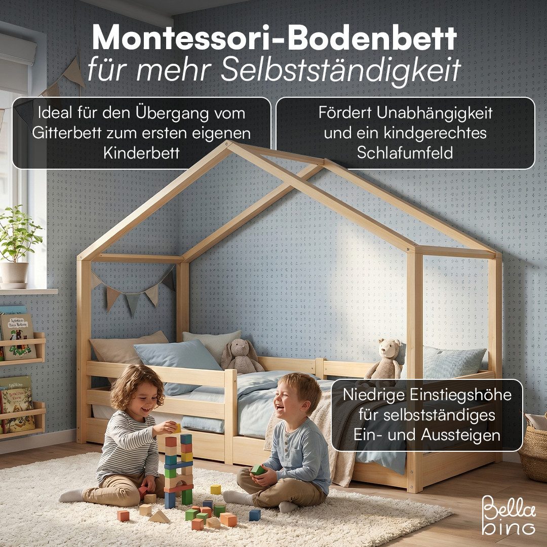 Bellabino Hausbett Abia Kinderbett mit Lattenrost und Rausfallschutz (natur, optional mit Matratze), Bodenbett 90x200 cm, verfügbar in verschiedenen Ausführungen