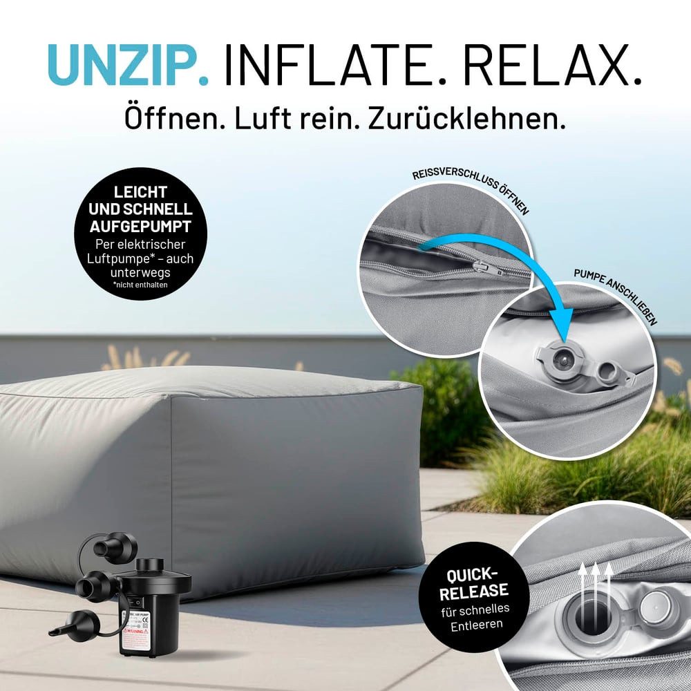 Lumaland Sitzsack CrozyAir aufblasbarer Sessel Hocker - Outdoor Luftkammer Sitzsack Pouf, Sessel aufblasbar + Luftpolster - Luftsessel klein - aufblasbare Möbel