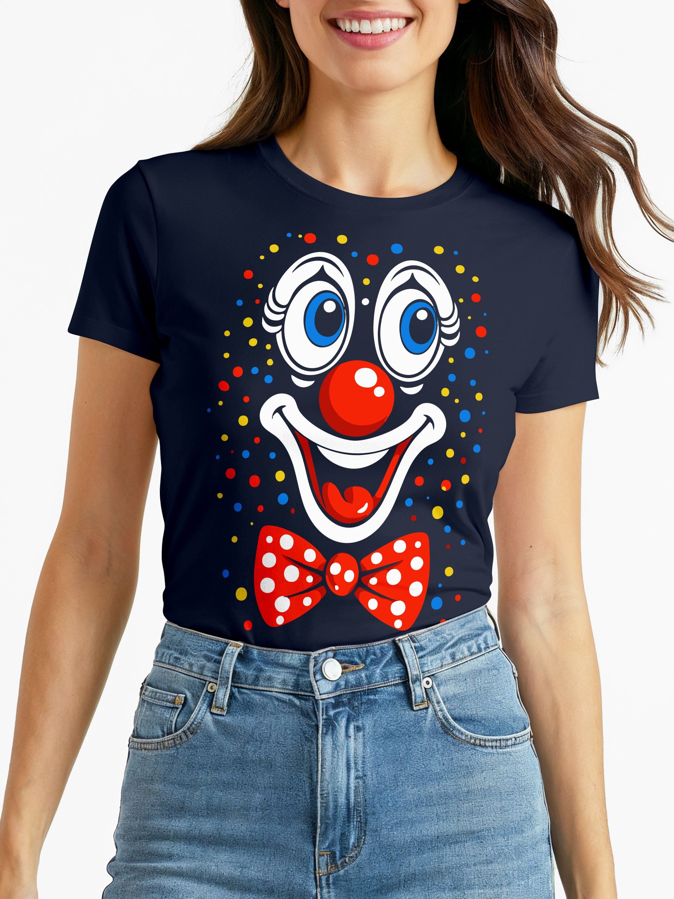 Print-Shirt Damen T-Shirt - Clown Print Aufdruck - Fasching Karneval Ersatz