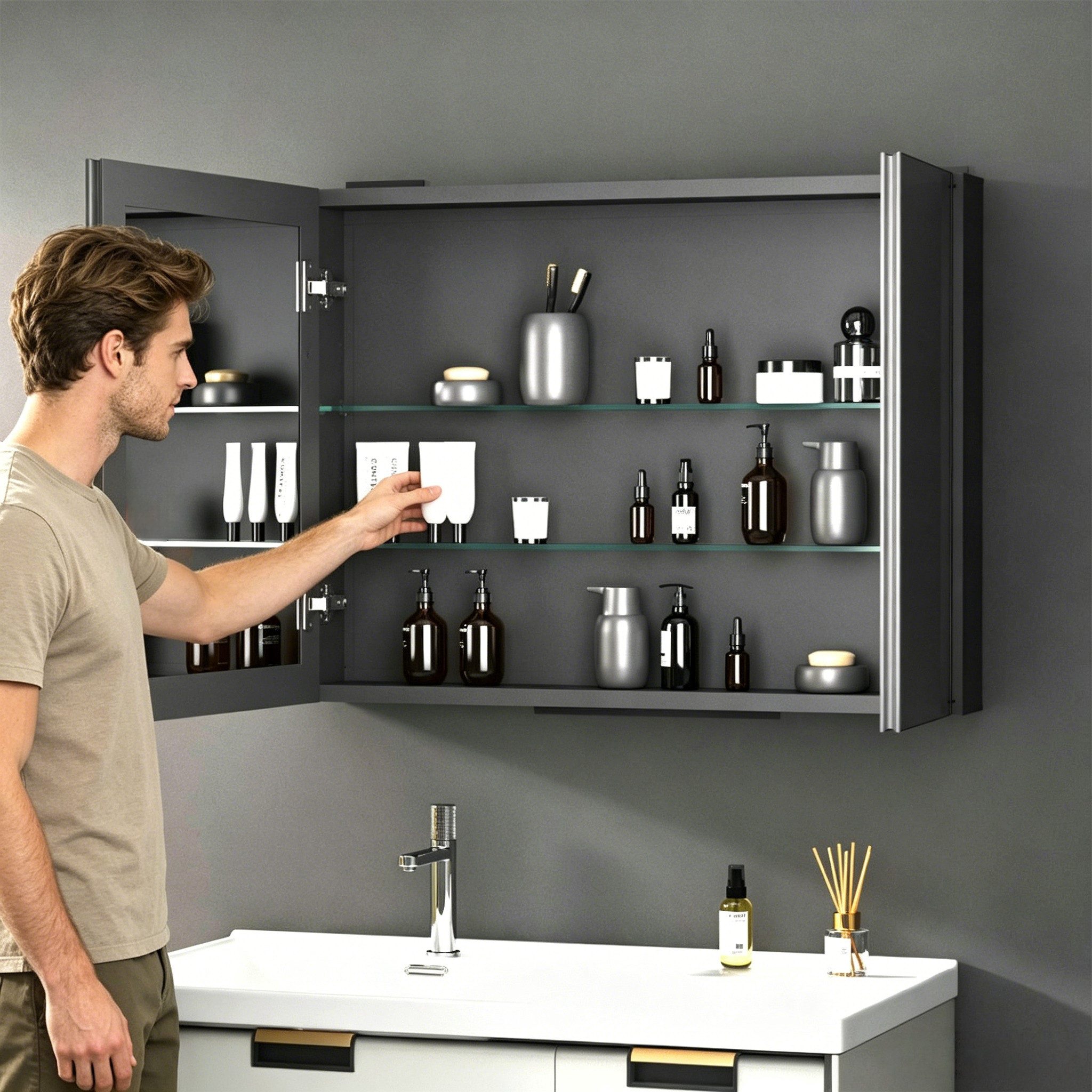 WDWRITTI Badezimmerspiegelschrank Aluminium Spiegelschrank Bad Schwarz 2-türig Eckig 80x13,5x60cm (Badschrank Wandschrank Eckig, 2-türig) vormontiert geliefert, Doppelseitiger Spiegel, Verstellbare Glasböden