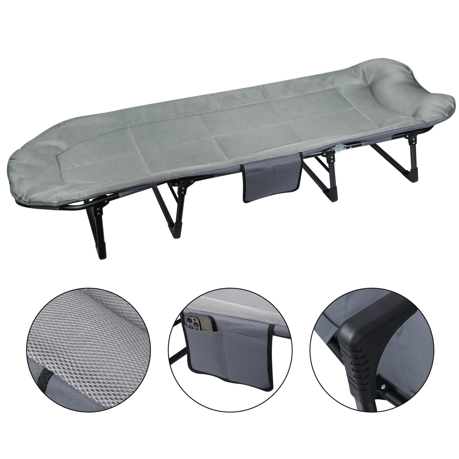 JEOBEST Feldbett Campingbett klappbar mit Nackenkissen, Seitentasche (Stück, 1-St., Gästebett 180kg) Garten Camping Angeln Festival Reise