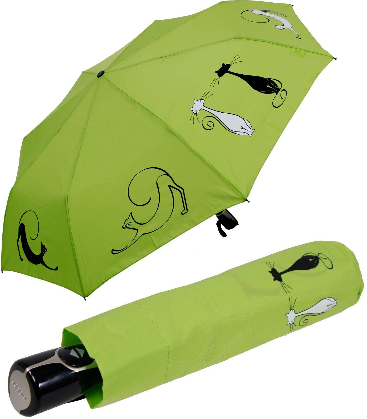 doppler® Taschenregenschirm Damen Auf-Zu Magic Fiber - Cats Best Friends, für Katzen-Liebhaber - elegant, stabil und praktisch grün