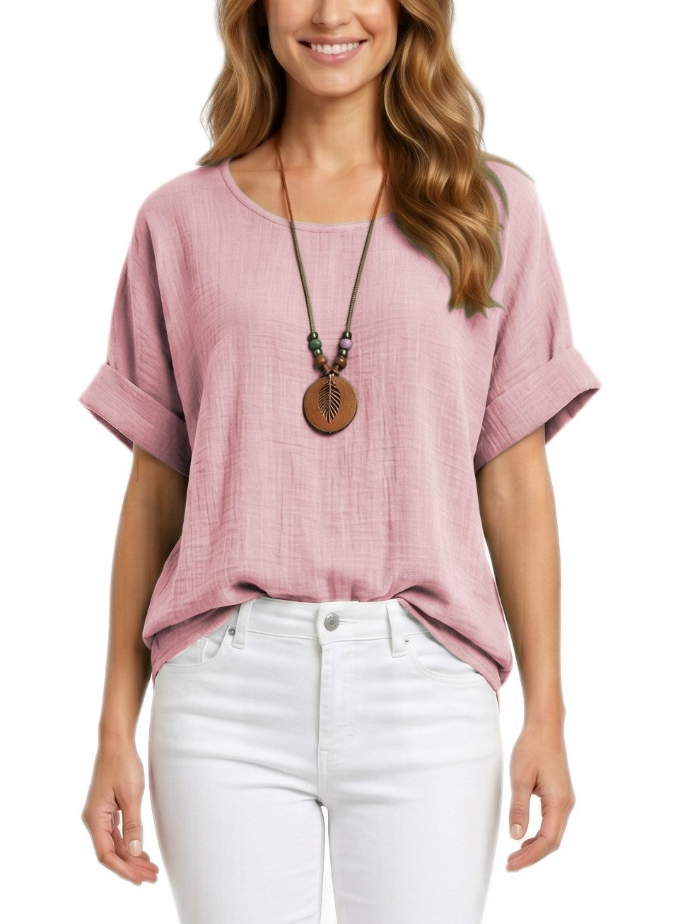 dy_mode Kurzarmbluse Damen Kurzarm Bluse Leichte Sommer Tunika Baumwollbluse Oberteil in Unifarbe, mit passende Kette