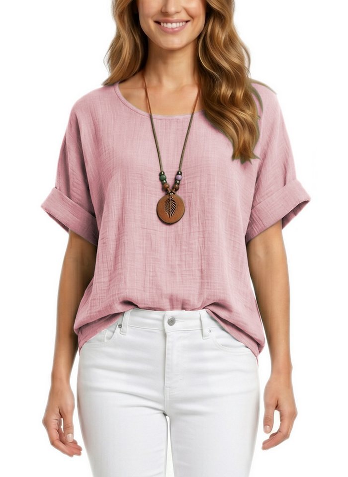 dy_mode Kurzarmbluse Damen Kurzarm Bluse Leichte Sommer Tunika Baumwollbluse Oberteil in Unifarbe, mit passende Kette