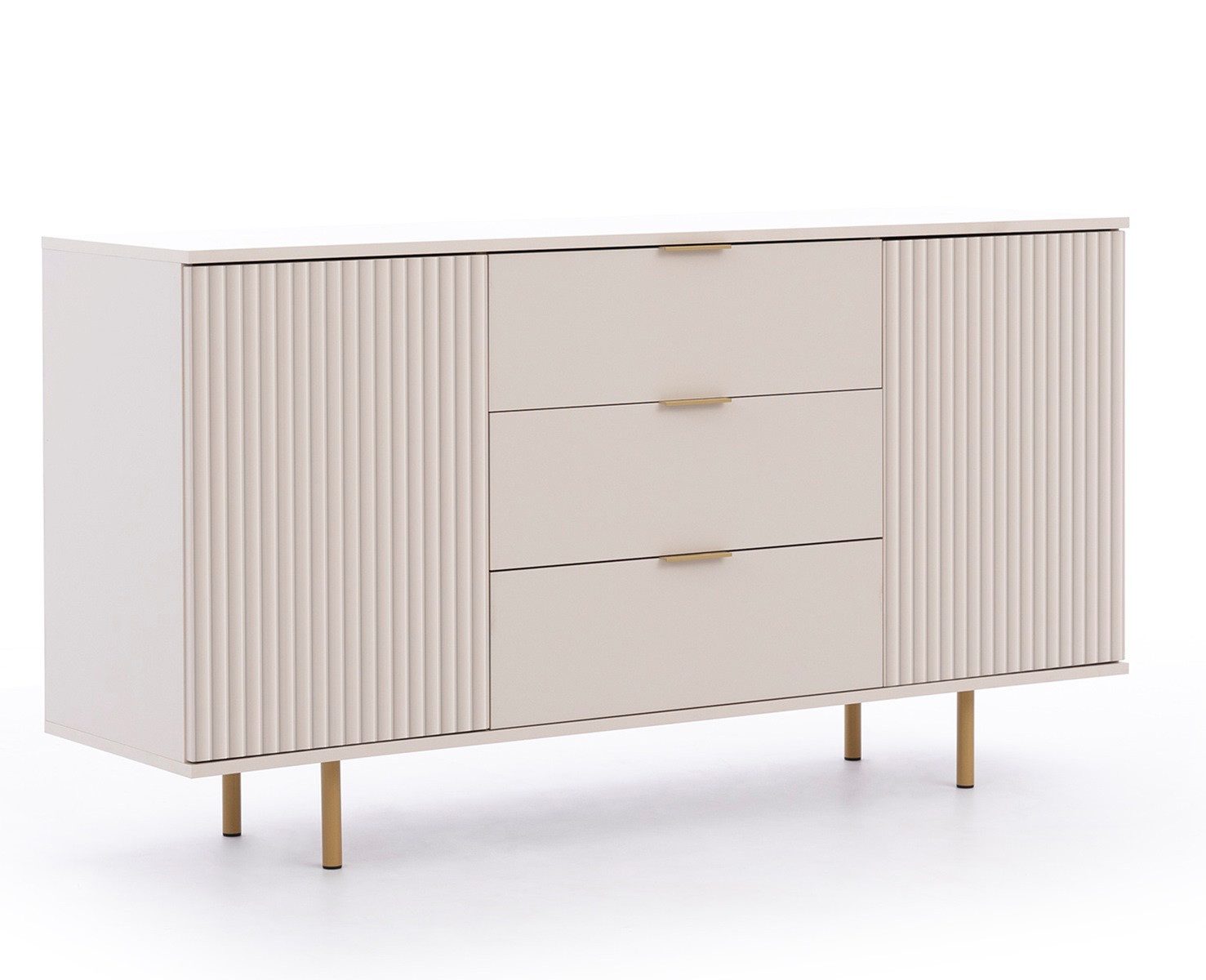 Compleo Kommode mit gerifflete Front, 2 Drehtüren und 3 Schubladen NUBIA, Gold Griffe