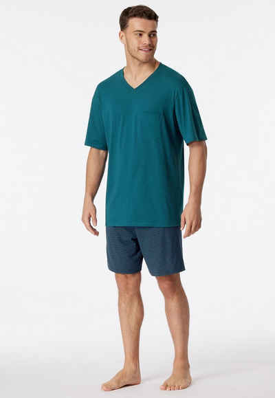 Schiesser Shorty "Comfort Essentials" (2 tlg) unifarbenes T-Shirt mit V-Ausschnitt, aufgesetzte Brusttasche