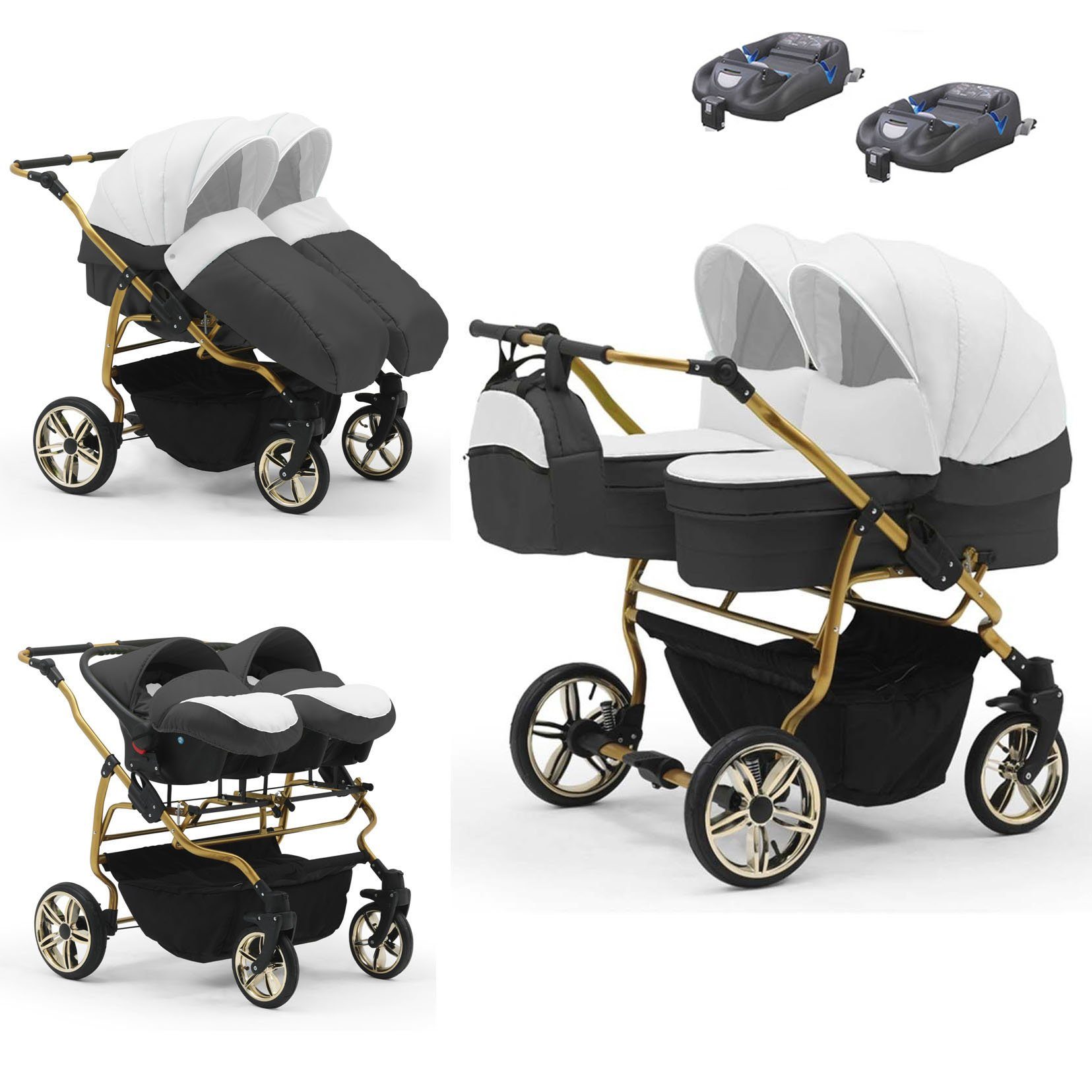 babies-on-wheels Zwillingswagen Zwillingswagen Duet Lux in - 4 Teile 33 in 15 1 Farben - Gold Weiß-Dunkelgrau