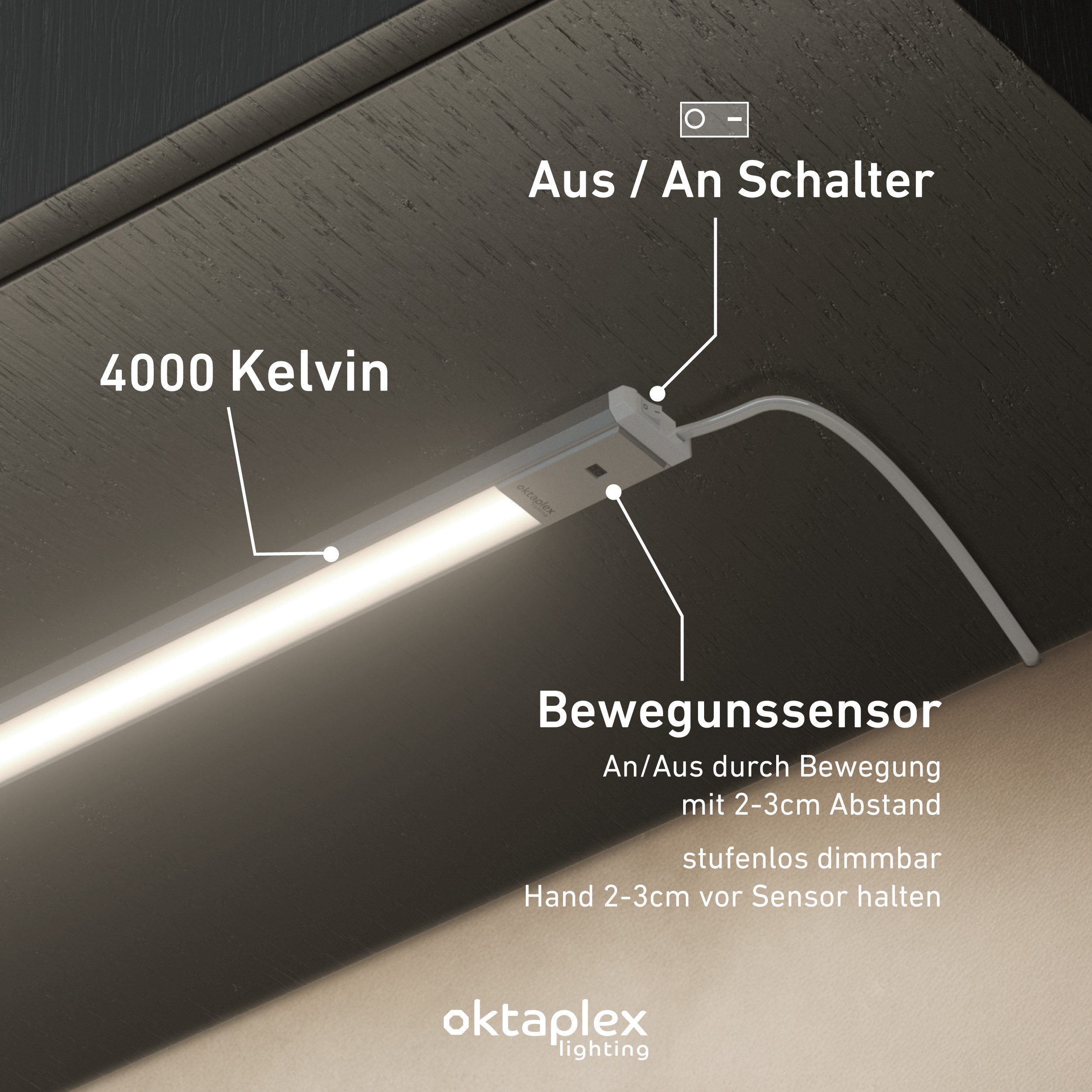 Oktaplex lighting LED Unterbauleuchte Aluminium Unterschrankleuchte Küche 40cm 400lm 6W, Sensor für Gestensteuerung, LED, warmweiß, 4000K Lichtleiste Küche Aluminium mit Schalter