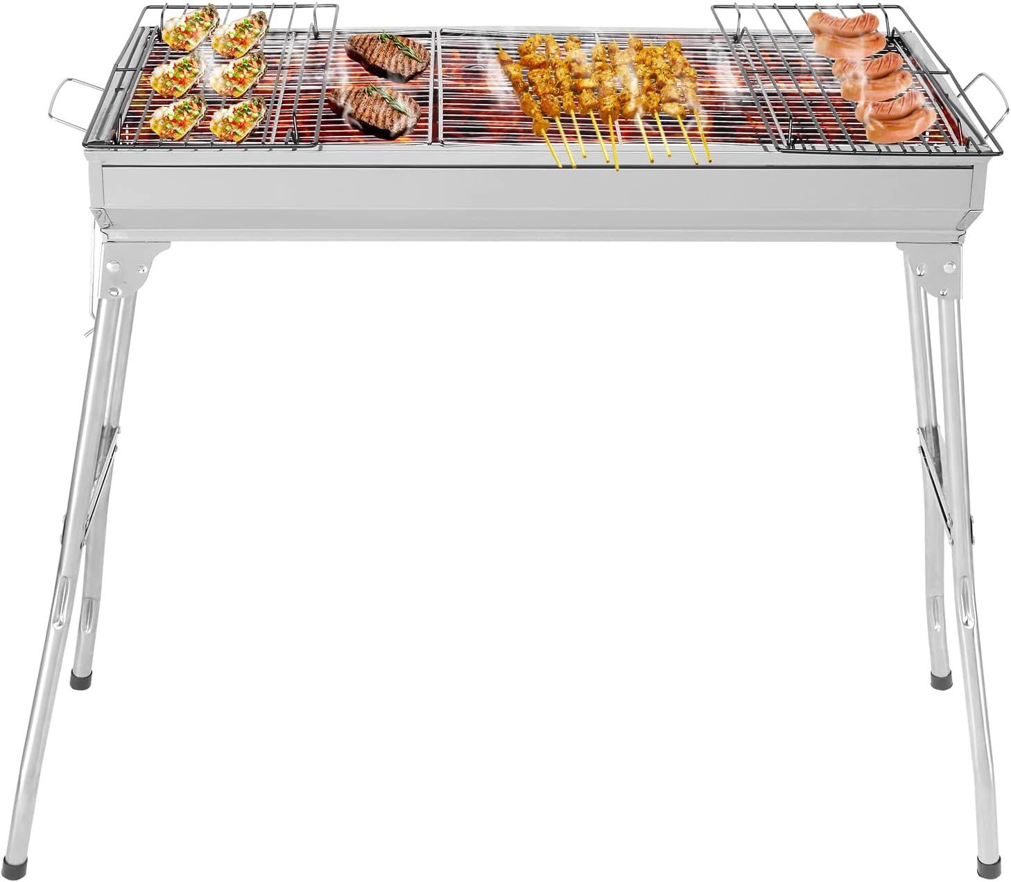 LALAHO Holzkohlegrill Grill Edelstahl mit Grillrost Ablage Klappbeine, Klappgrill 70x31x71cm für Garten & Camping
