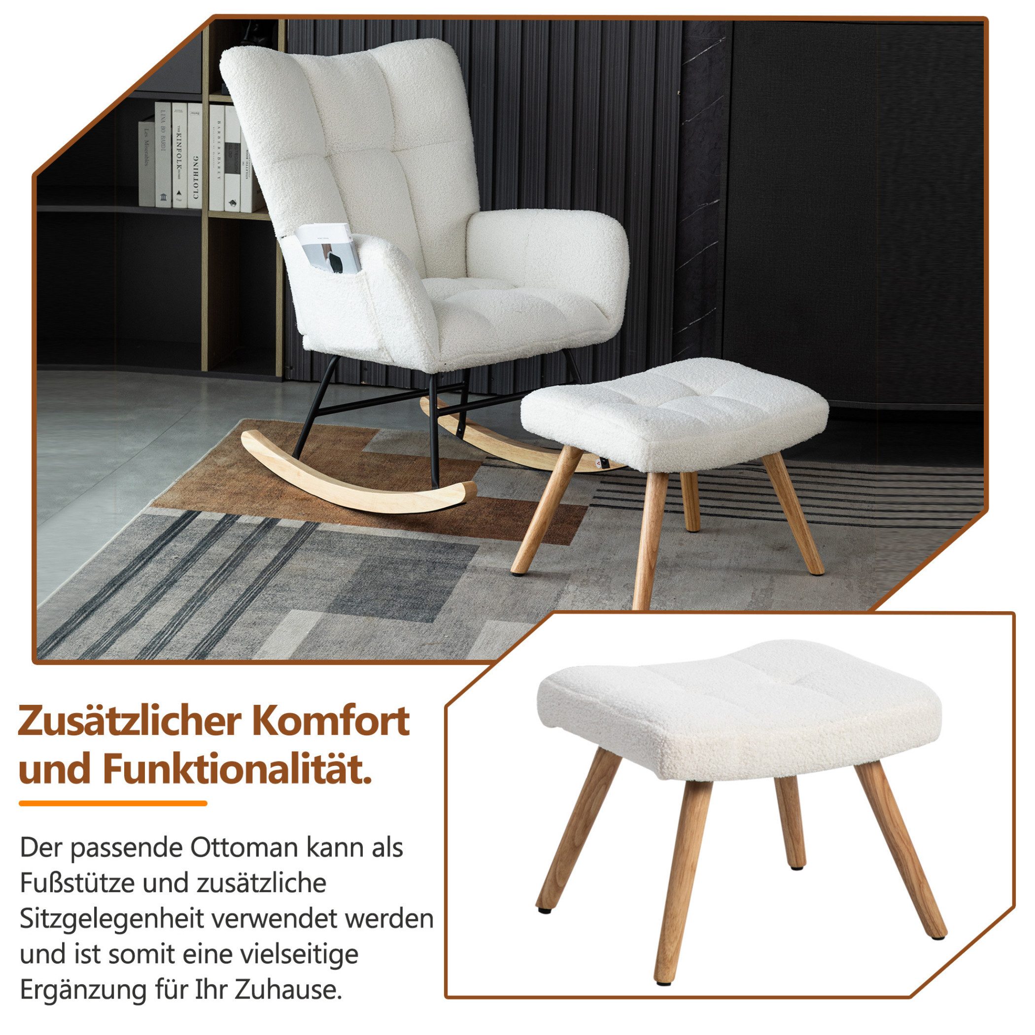 SeedWave Schaukelstuhl Schaukelstuhl Teddy mit Fußhocker und Seitentasche, Weiß, Ergonomischer Stillstuhl, Schaukelsessel für Entspannen, Bis 120kg