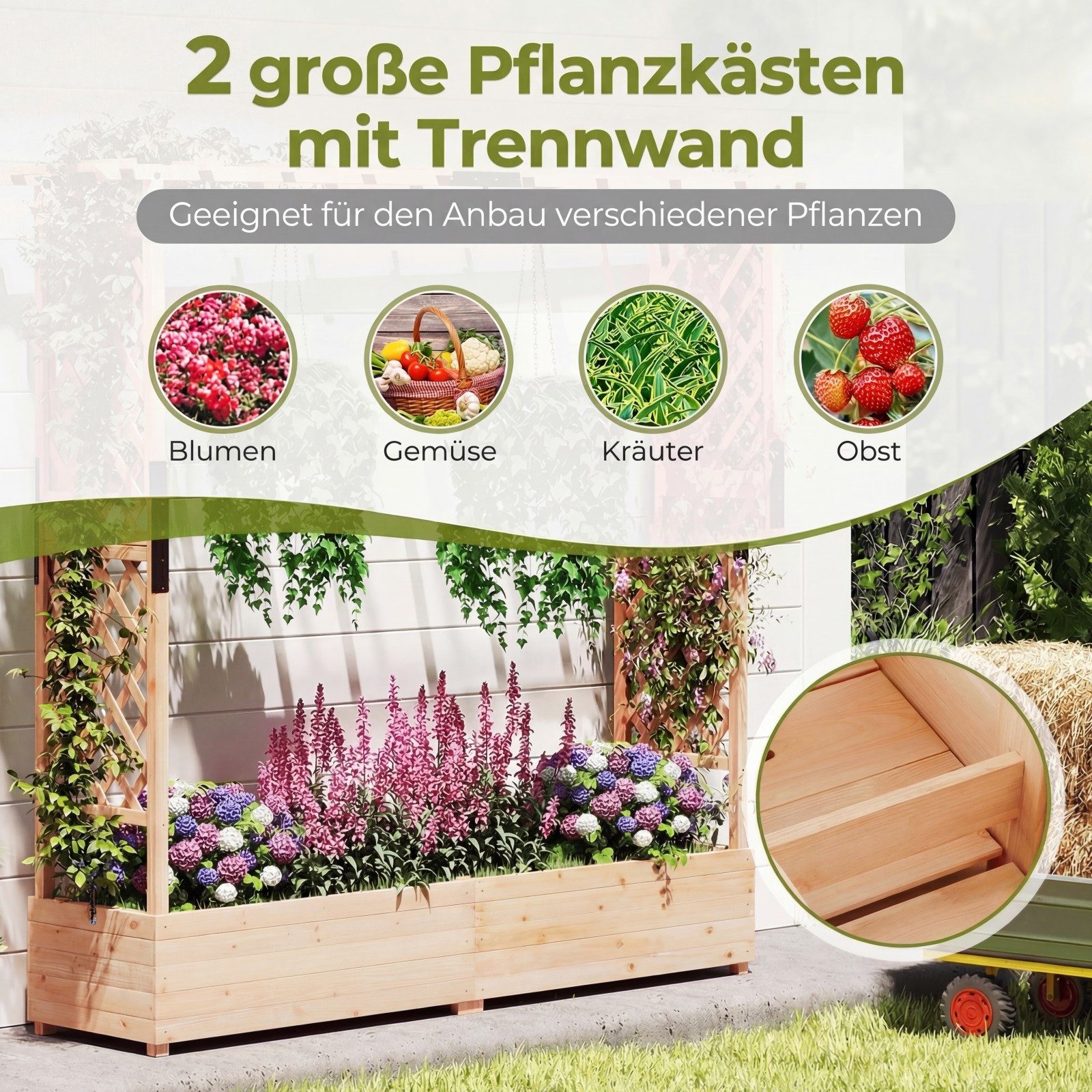 COSTWAY Blumenkasten (1 St), Hochbeet mit Rankgitter, für Kletterpflanzen, 196 x 44 x 182 cm