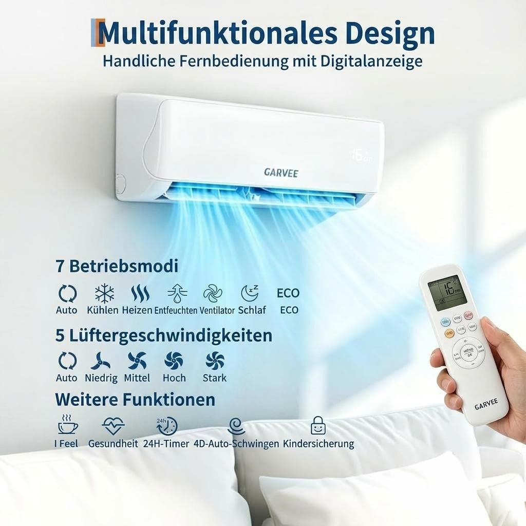 GarveeMore Split-Klimagerät 12000 BTU (3.5 kW),Inverter Klimagerät mit Heizfunktion,WiFi&App, Kältebringer Split Klimaanlage Quick Connect,bis 70qm,sehr leise,R32