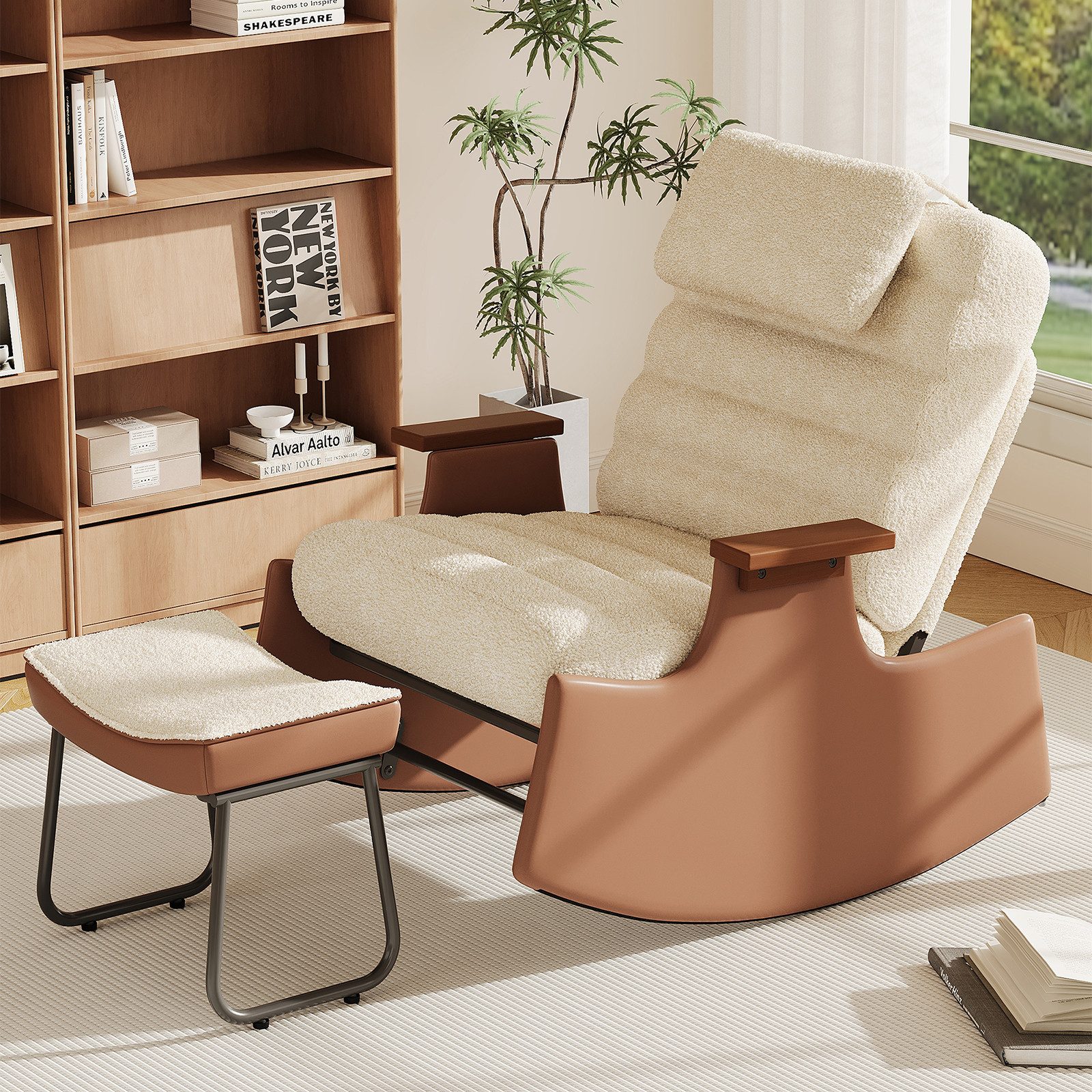 SEEZSSA Ohrensessel Schaukelstuhl Relaxsessel (Set, 1-St., 3-stufia verstellbare Rückenlehne), Wohnzimmersessel mit Armlehnen und Hocker Teddystoff,Beige